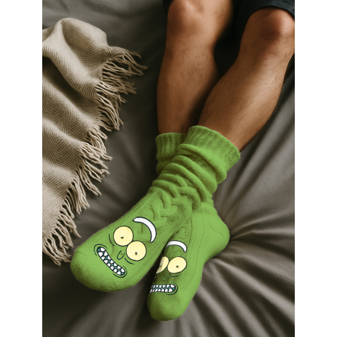 Image of Rick And Morty Cabin Socks - Men's Cozy Sherpa Lined House Socks, Fluffy Winter Socks, Warm Men's Socks, , Green