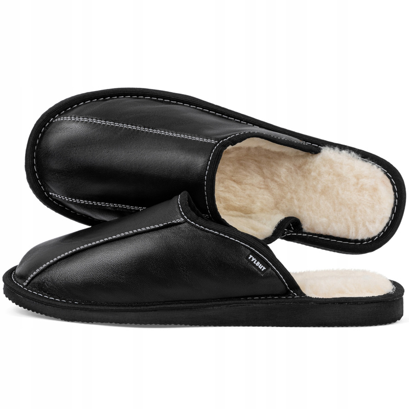 Image of Men's Leather Insulated Wool Slippers Black Hand-stitched 44