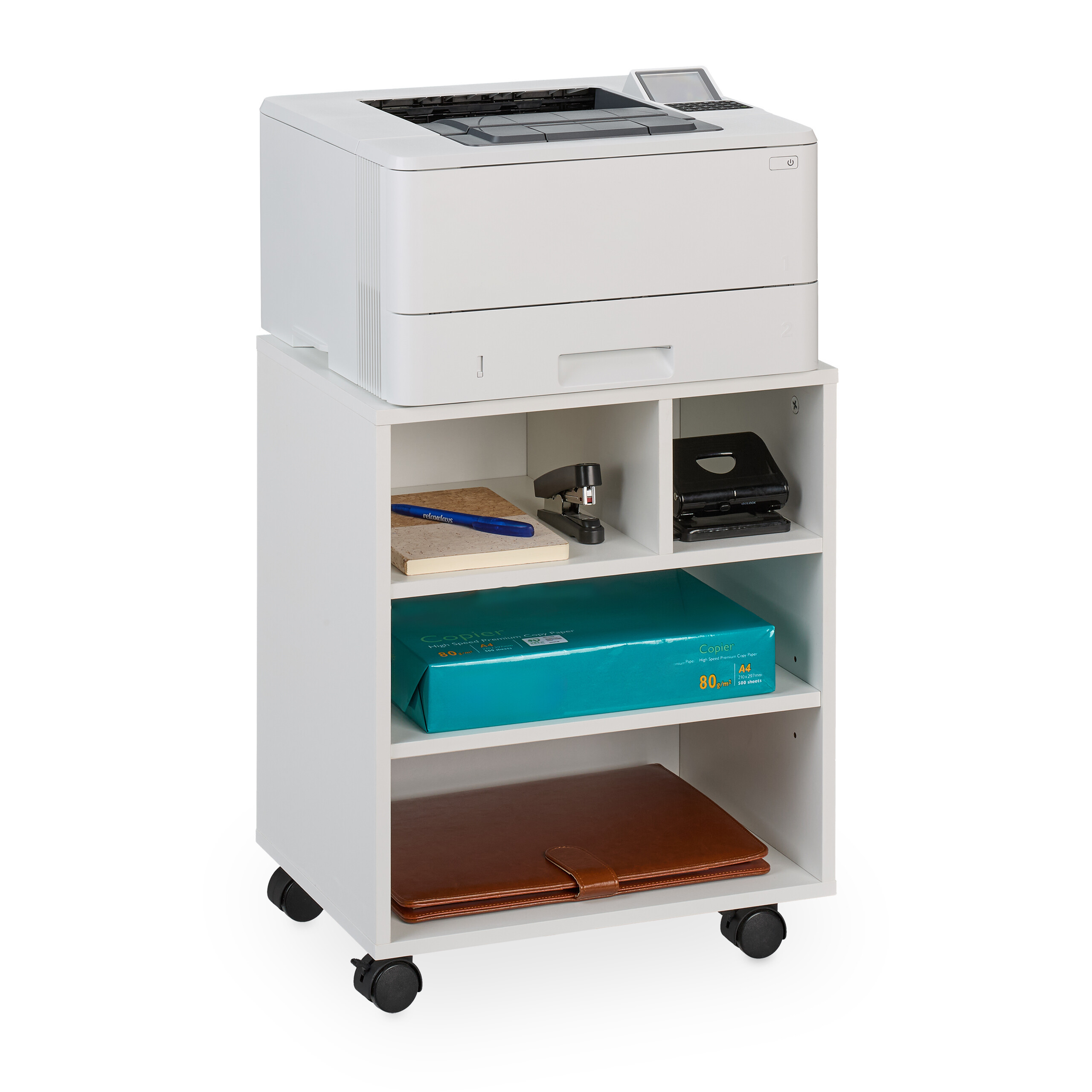 TEMU Mueble auxiliar 4 compartimentos, con ruedas, 49 x 40 x 30 cm, tablero de fibra y plástico, y plateado, balda para impresora, estante ajustable,