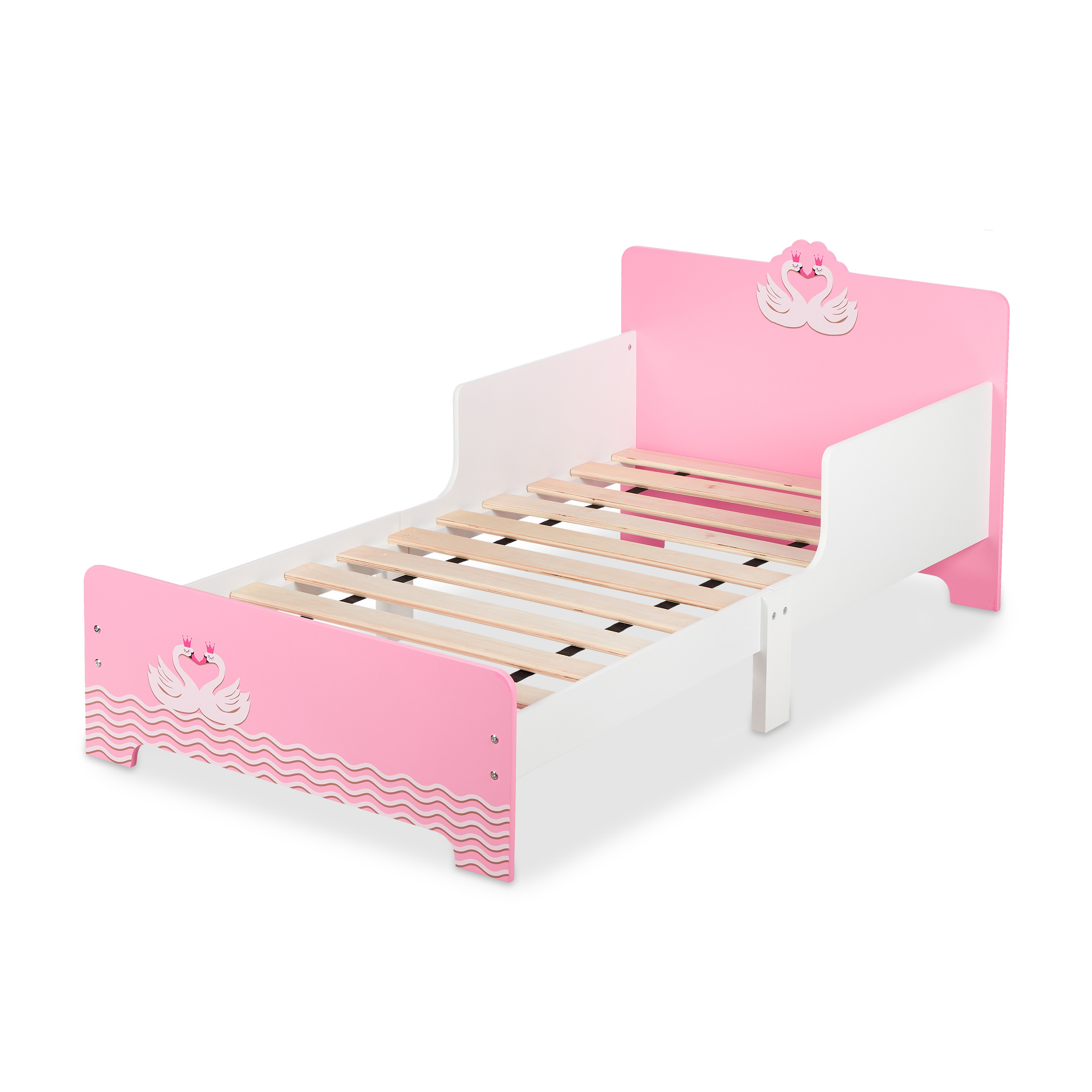 TEMU Letto per bambini, motivo a cigno, con protezione anticaduta, 60 x 77 x 143 cm, per materasso da 70 x 140 cm, MDF, legno e PP, bianco e rosa,