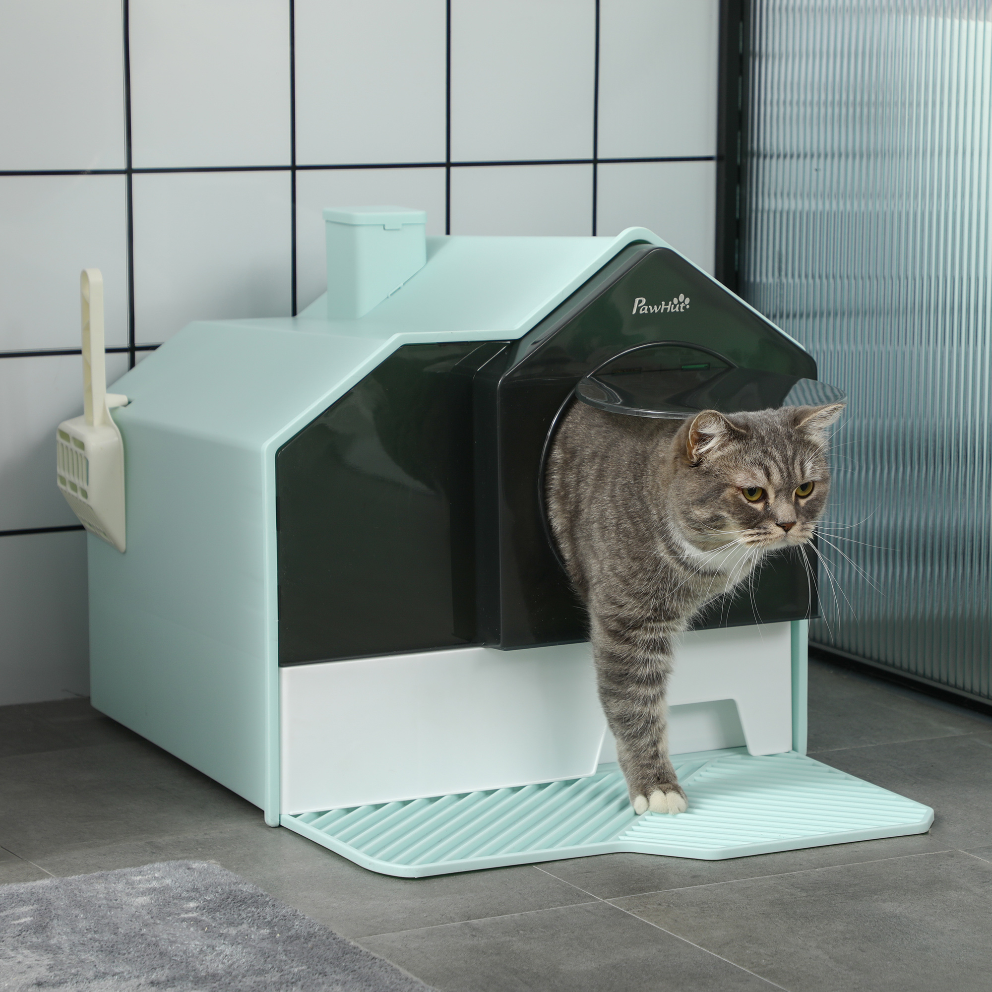 TEMU PawHut Maison de toilette bac à litière pour chat design avec porte , pelle, filtre et tapis dim. 47L x 45l x 42H cm - Bleu