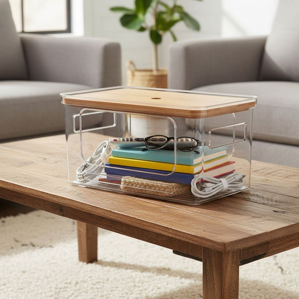 Clear Rectangular Storage Box with Bamboo Lid, 1/3pcs