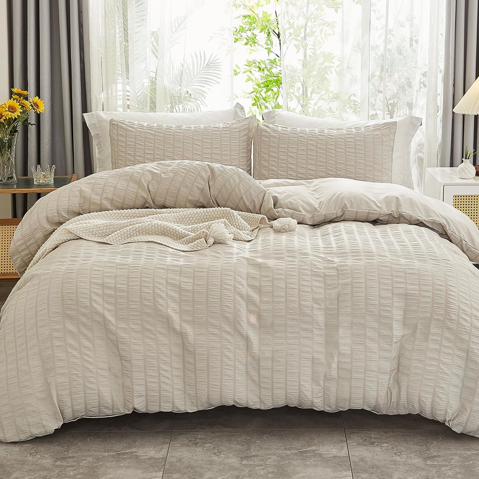 

Seersucker Bedding Set With Embossed Stripes, Bedding Set, Solid Color, Brushed Microfiber, Soft Duvet Cover With Zipper And 1 Pillowcase 80x80cm