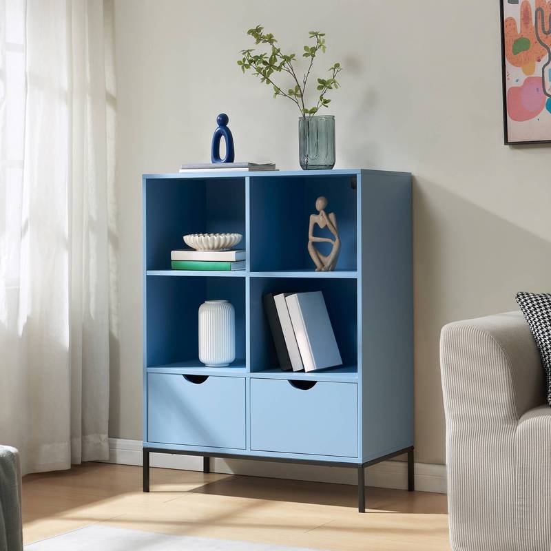 Image of Colwyn Bookshelf With 2 Drawers, 105 X 80 X 40 Cm, Blue
