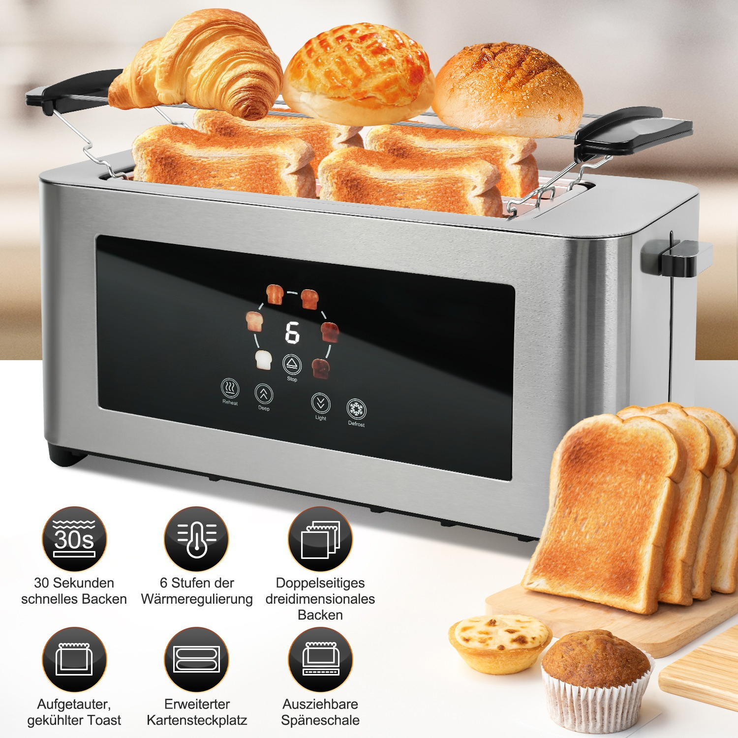 TEMU Toaster Bread Toaster 1400w, Toaster Stainless Steel, Lcd Touch Display, 2 Wide Toast Slots, 4 Slices Toaster, 7 Browning Levels, With Bun