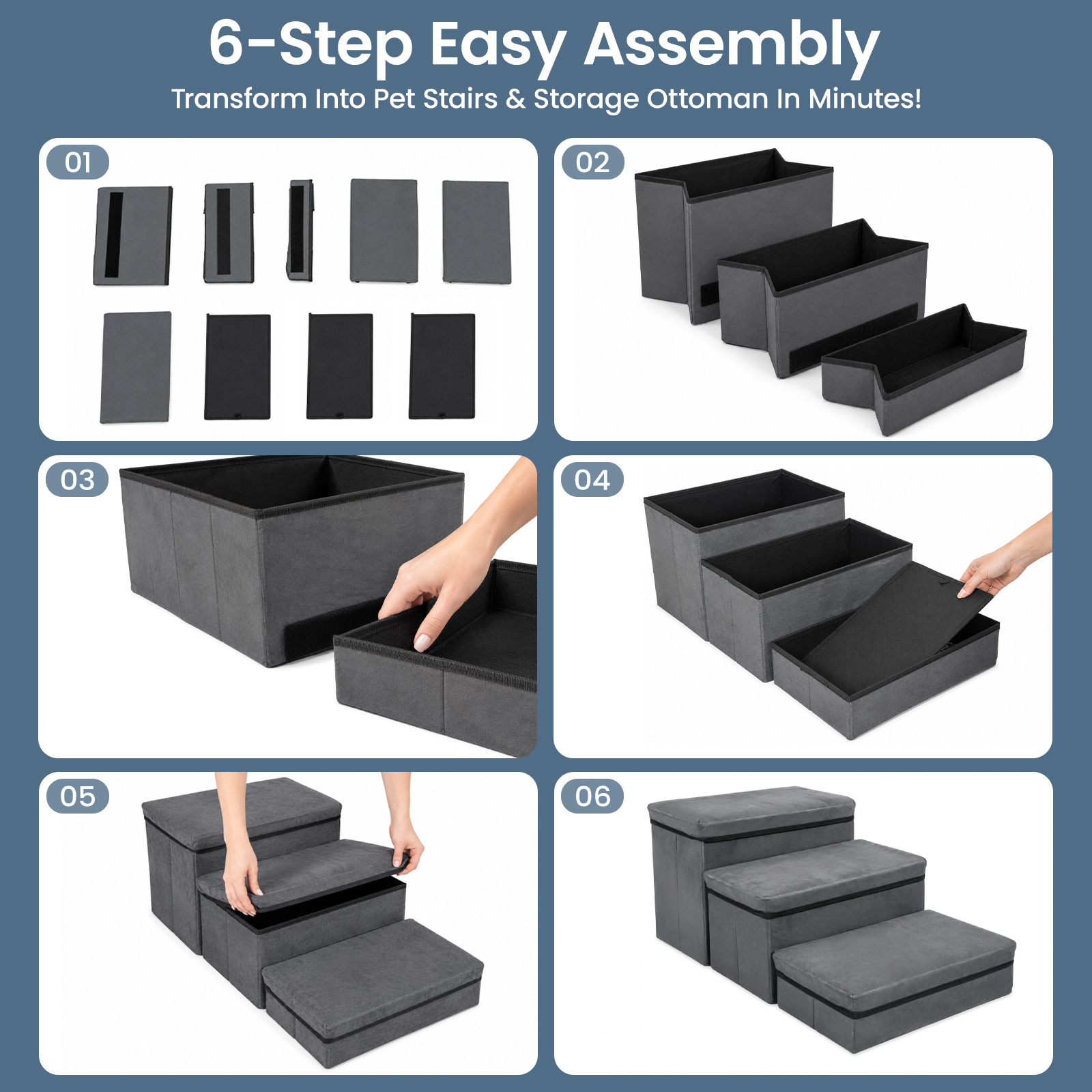 Dog Stairs with Storage, Foldable Pet Steps for Bed and Sofa