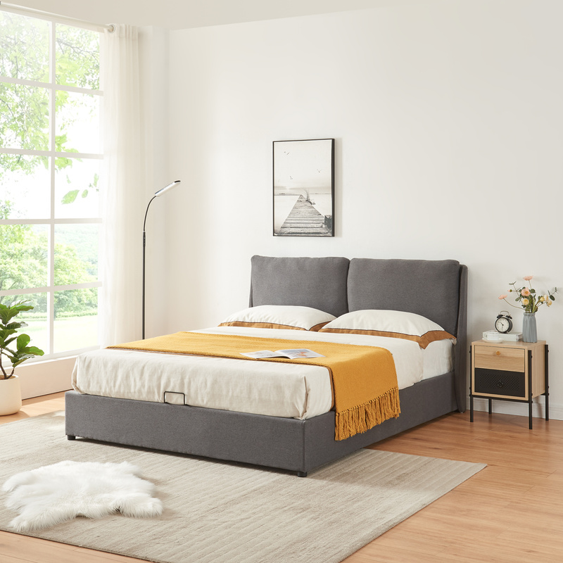 Upholstered Double Bed With Storage Drawer, Dark Grey