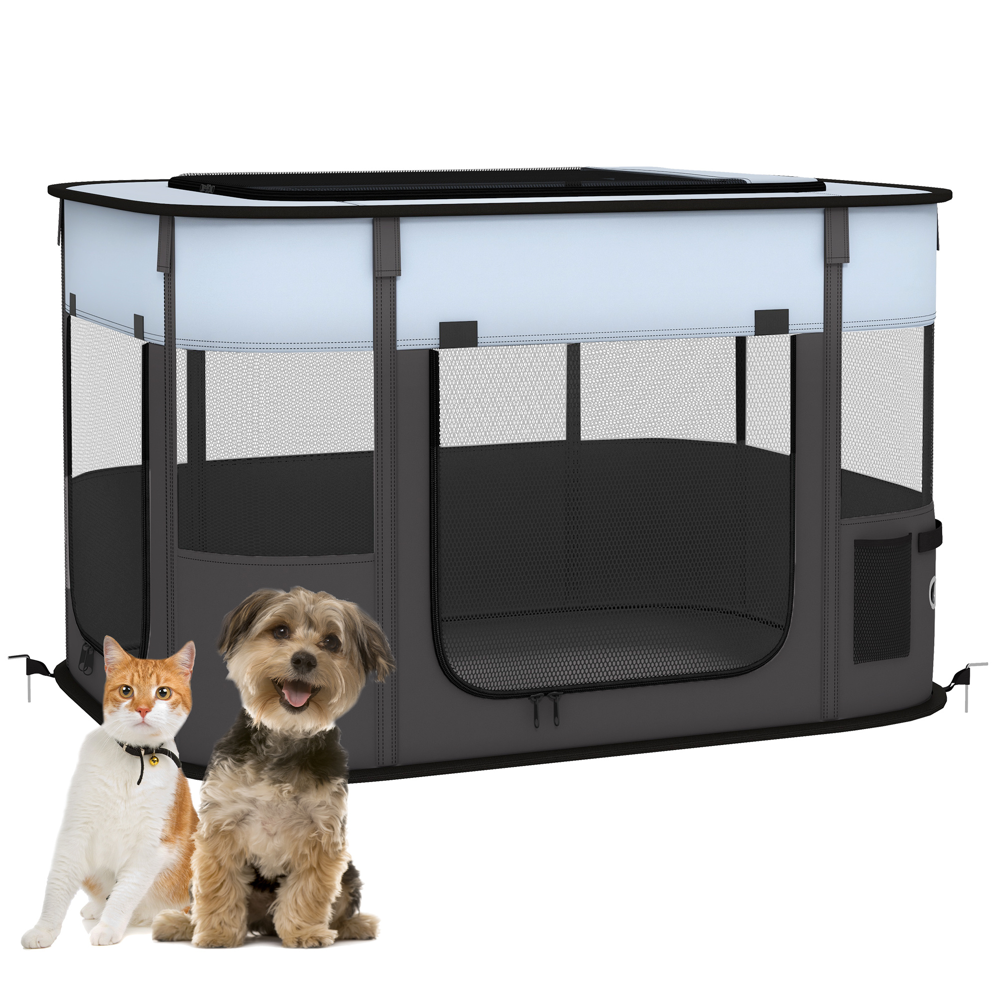 Oxford Fabric Pawhut , Puppy Park, Outdoor Animal Enclosure, With Storage Pockets, Foldable Dog And Puppy Enclosure, 84 X 53 Cm, Gray And Black