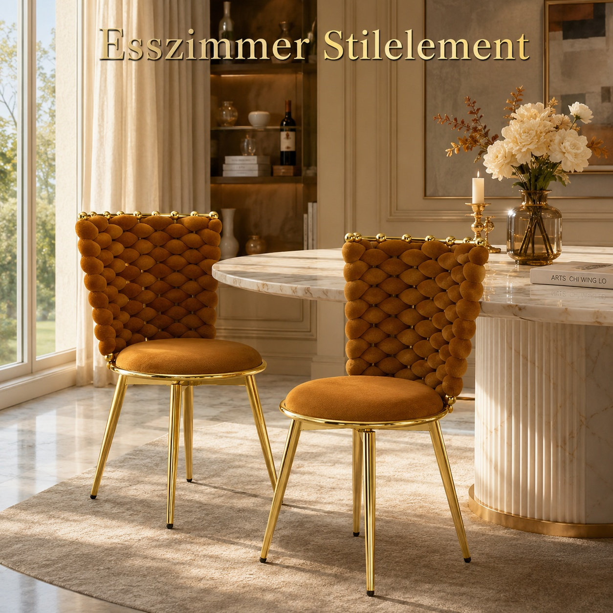 Image of 2 Pcs Dining Chairs, Soft Velvet Caramel Brown, 3d Braided Cushioned Back, Gilded Metal Legs For Dining Room