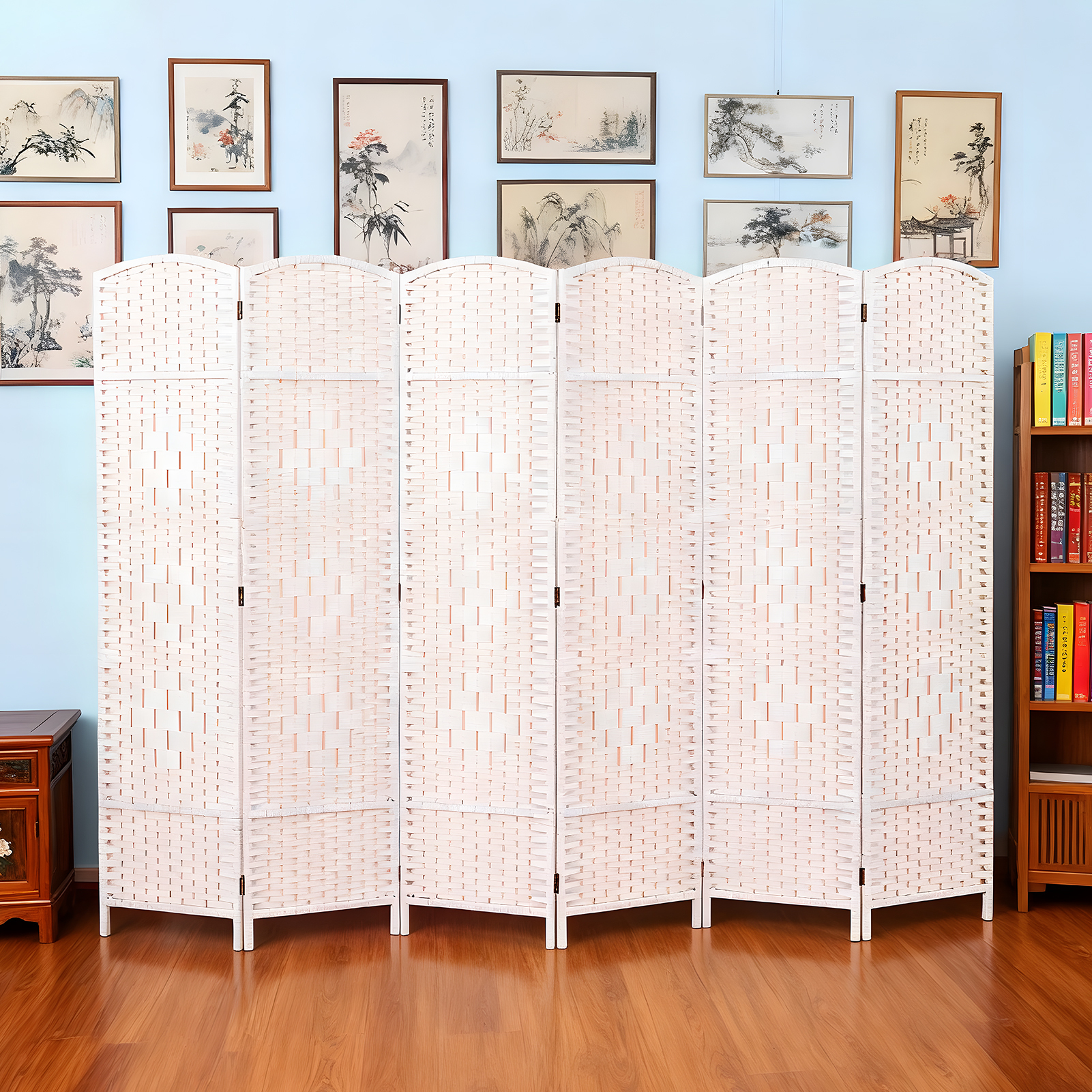   divider 6 panel foldable privacy screen with woven panels   wood frame     quiet zones in living rooms bedrooms or home offices lightweight portable easy to fold for storage elegant design   modern  