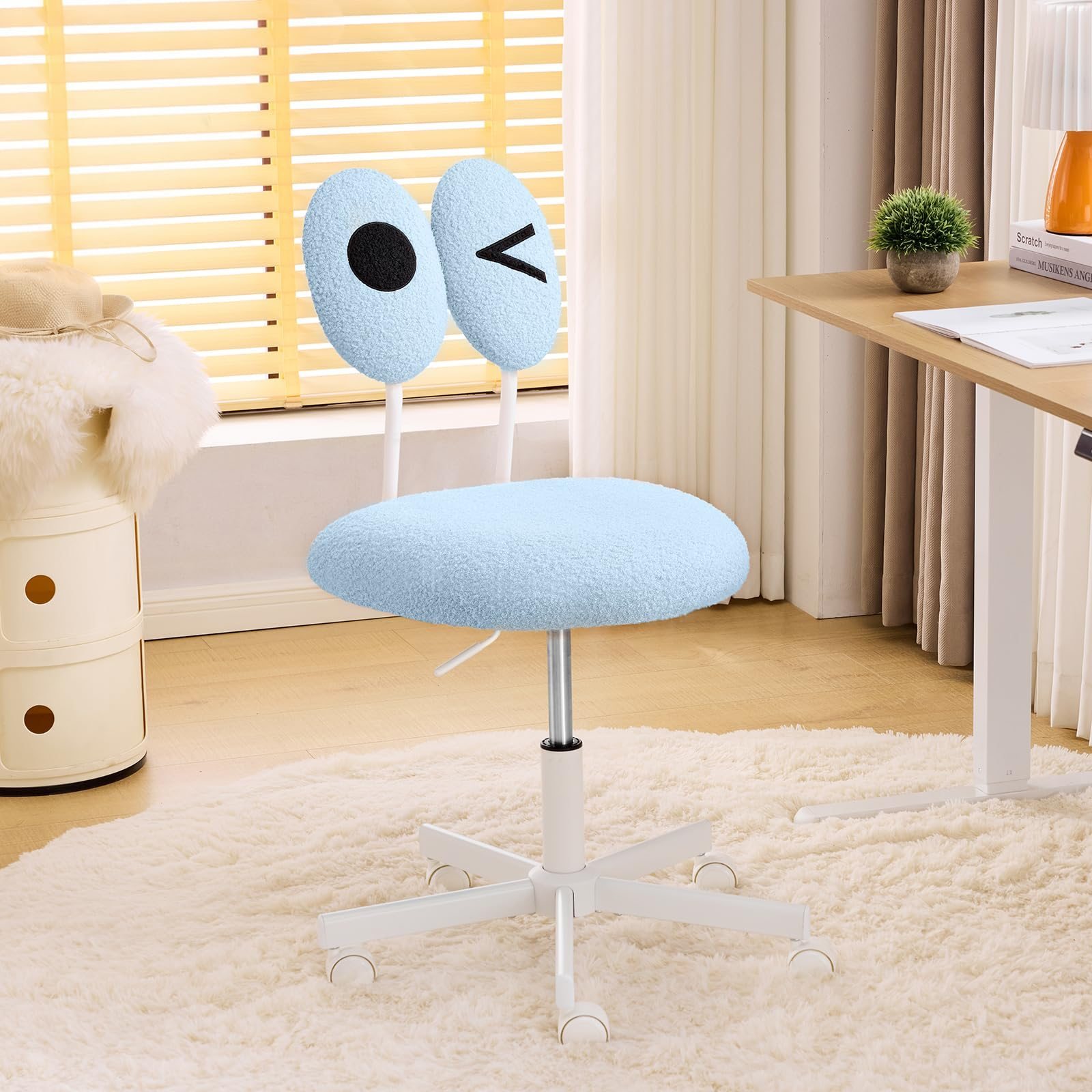 Image of Height-adjustable Makeup Swivel Chair, Cute Cartoon Design, Compact And Flexible, For Living Room And Bedroom, Light Blue