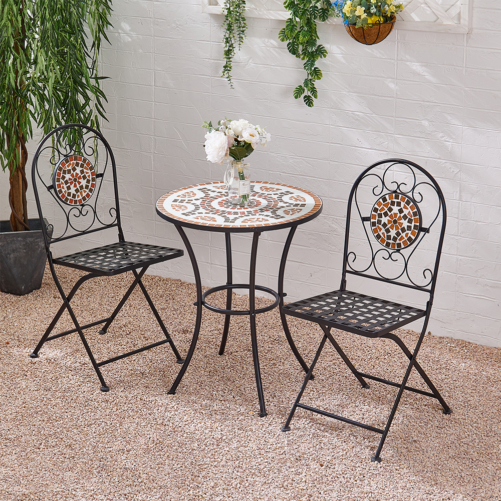 3PCS Mosaic Patterned Table Set with Garden Table and Folding Chairs