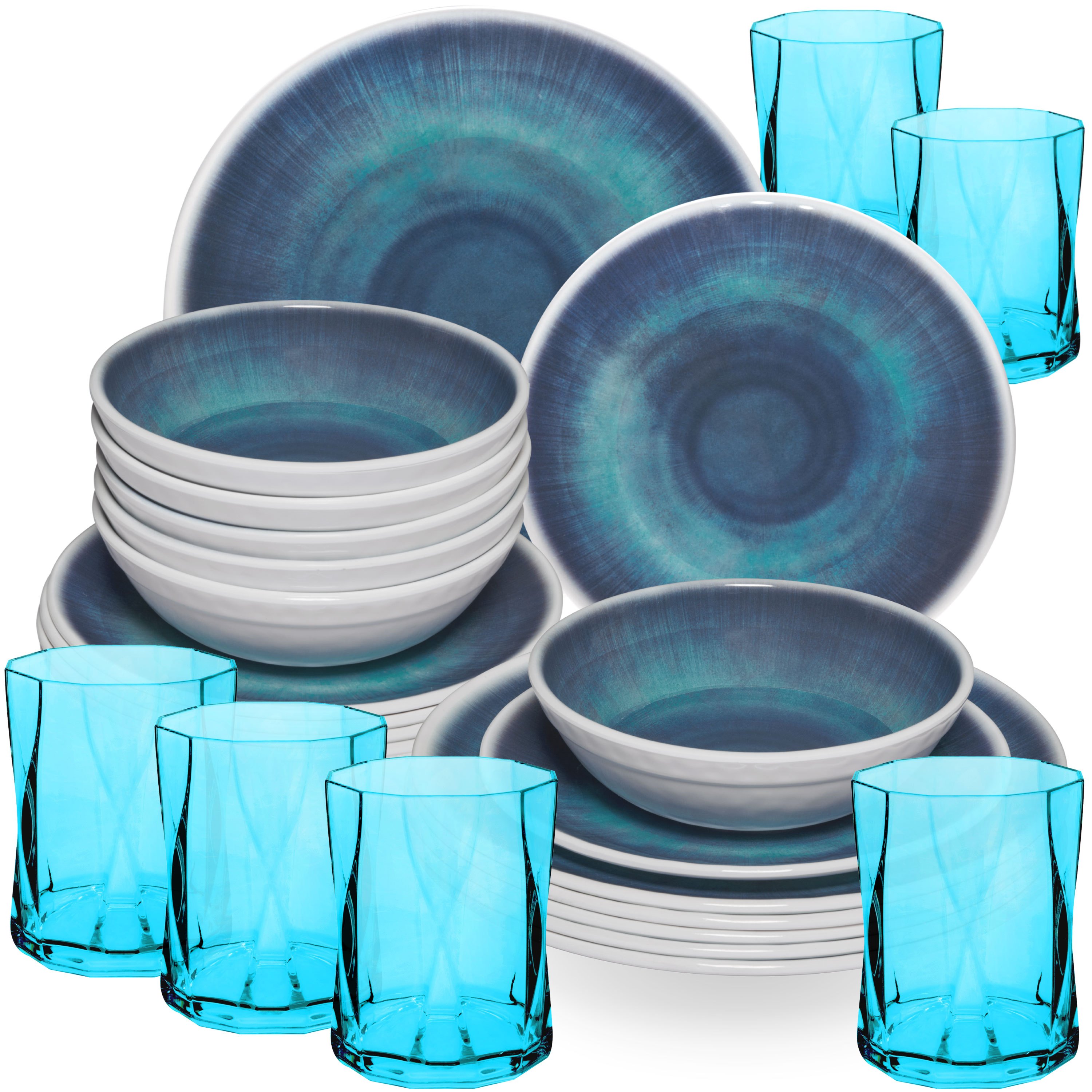 Image of Camping Dishware Blue For 6 People - 24pcs - With Color-matching 300ml Acrylic Drinking Glasses, Modern Camping Dishware Set, Table Dishware, Colorful Camping Dishware