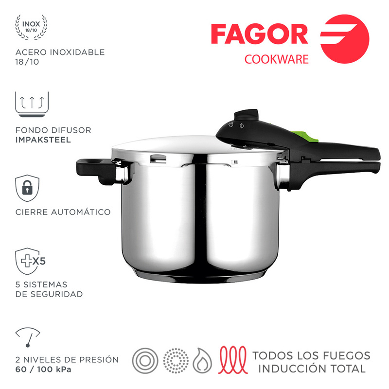 Image of Pressure Cooker Fagor Rapid Super Fast, Stainless Steel, All Types Of Kitchens, Induction Thermal Diffuser Bottom Impaksteel Very Resistant, 5 , 2 Pressure Levels (4l)
