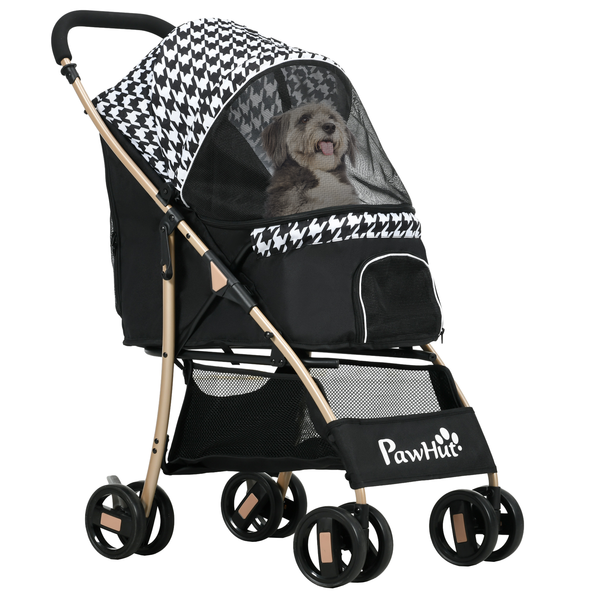 Image of Pawhut Folding Dog Stroller Cart For Pets With 2 Doors Mesh Window Storage Basket Safety Rope And Cushion 80x44.5x97