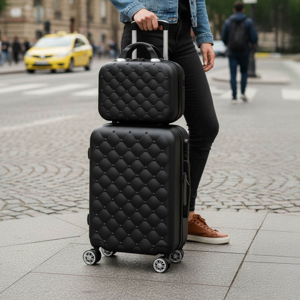 TEMU Black 2pcs Portable Compact Travel Set, Rolling Telescopic Handle Lightweight Suitcase For And Short Holiday Trips, Cabin Carry-on Luggage For
