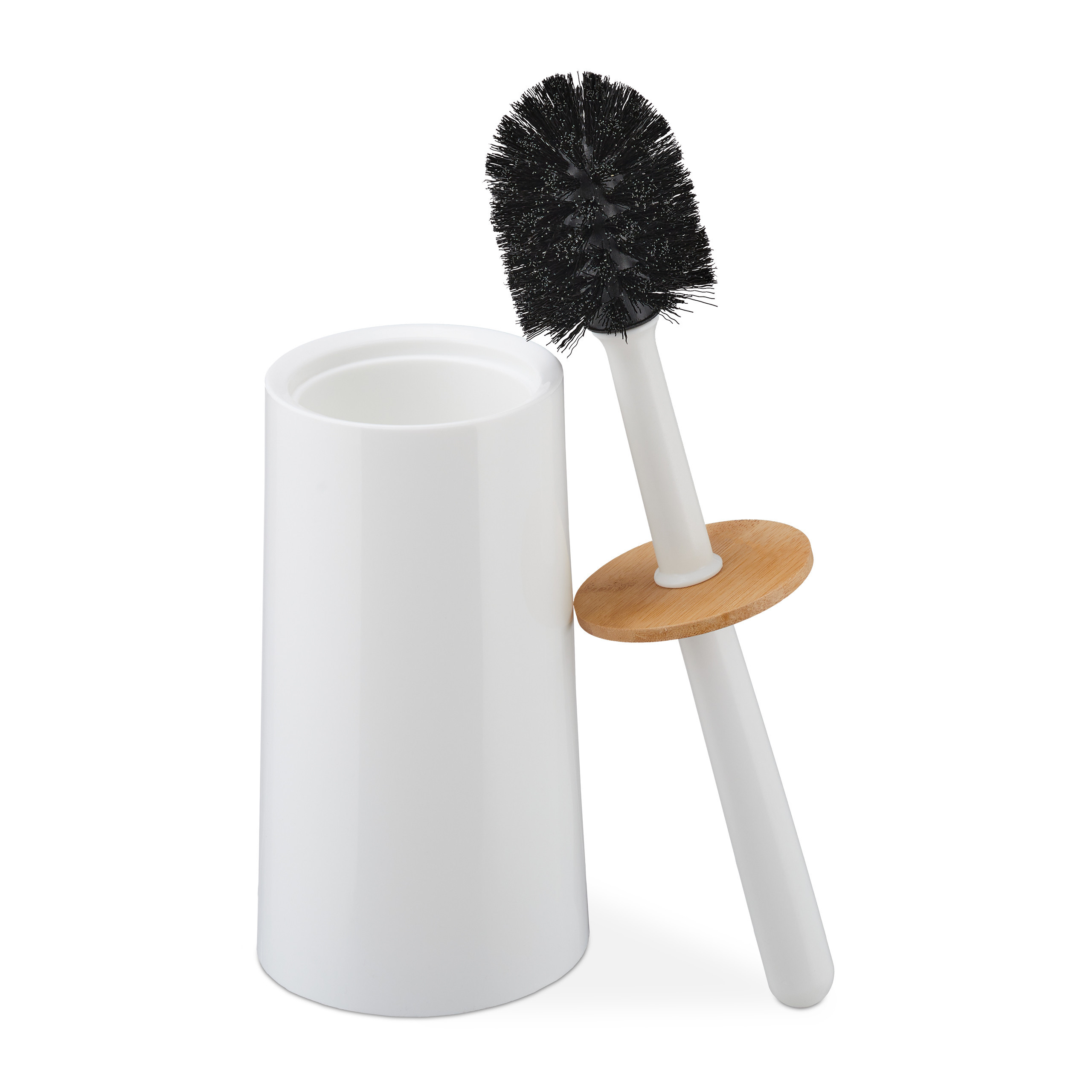 Image of Bamboo Lid, Plastic And Bamboo, White, 39 X 12 Cm, Freestanding With Replaceable Brush Head And Container, For Bathroom And Guest Toilet, Toilet Set, Toilet Holder, Bathroom Accessories, Relaxdays