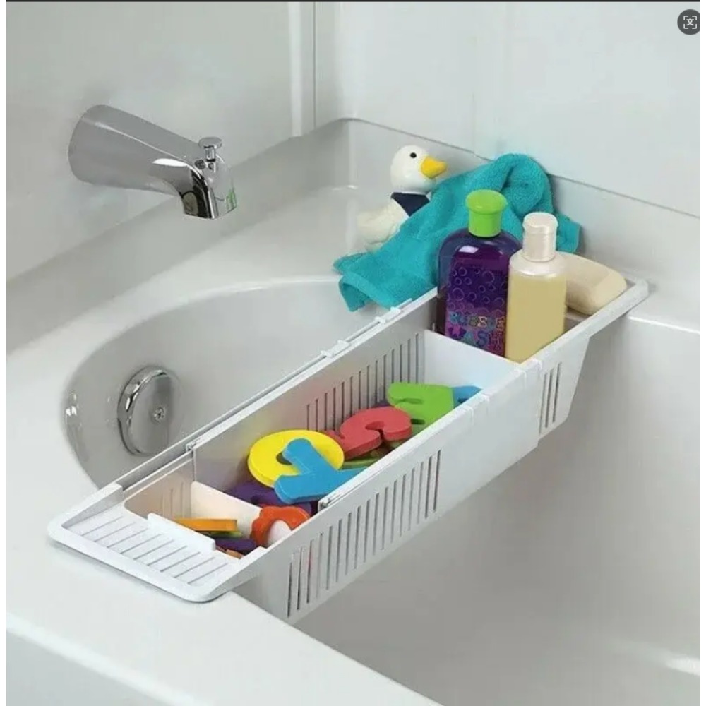 TEMU Expandable Bathtub Tray With Adjustable Dividers - Multifunctional Bath Caddy Organizer For Toys, Soap, Shampoo | Durable Plastic