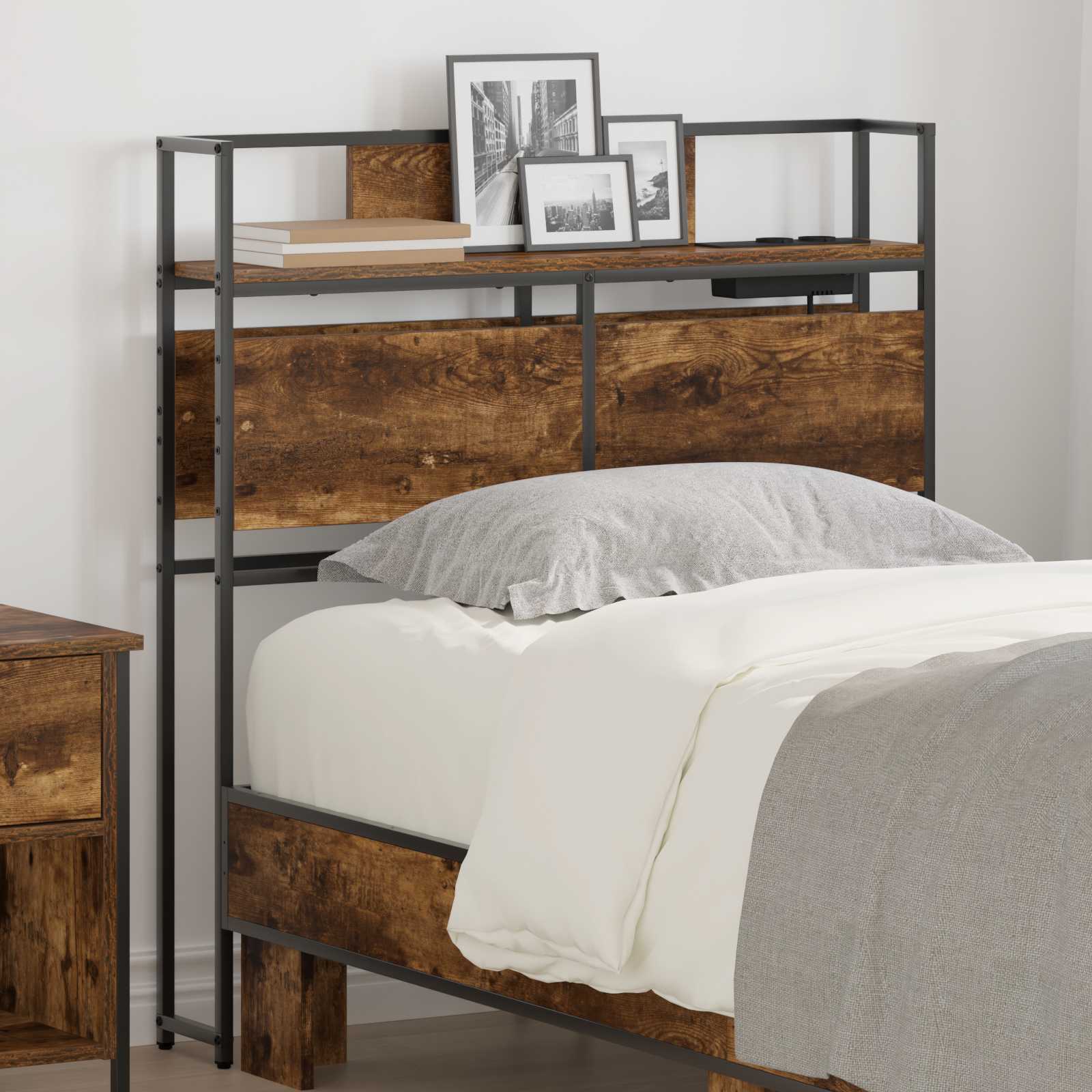 Storage Headboard Smoked Oak Wood, Modern Bedroom Organizer, Chic Headboard With Shelves, Versatile Storage, Charging Column