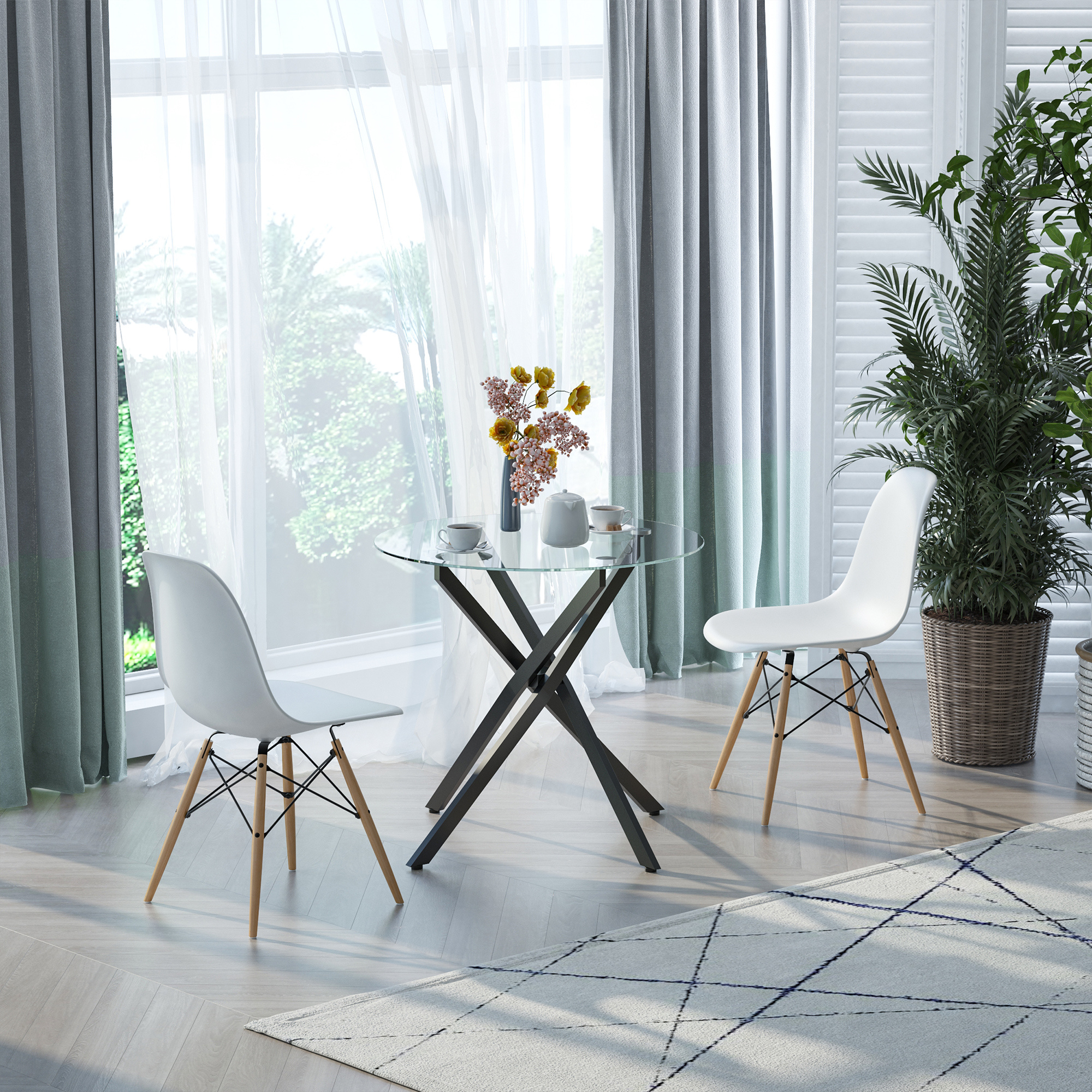 Round Dining Table For , Leg Dining Room Table With Tabletop, For Dining Room, Kitchen, Ø80 X 75 Cm, , Black+transparent