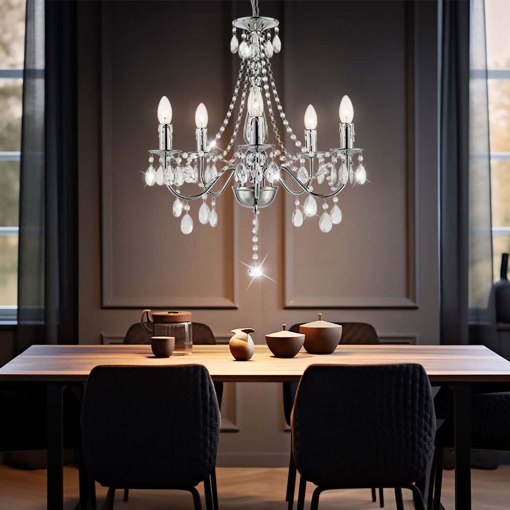 Image of Chandelier Pendant Light Living Room Lamp Dining Room Light, Chrome Metal Crystals, 5-arm E14, Dxh 51x143 Cm