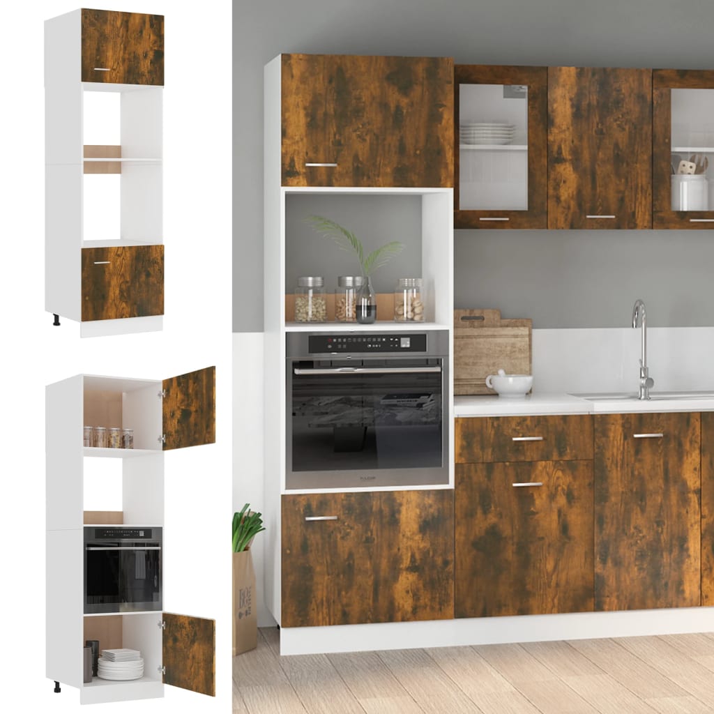Image of Vidaxl "" Microwave Conversion Cabinet, Smoked Oak, 60x57x207 Cm, Wood Material, Kitchen Cabinet, Kitchen Wall Cabinet, Kitchen Furniture, Kitchen Unit For Oven And Microwave