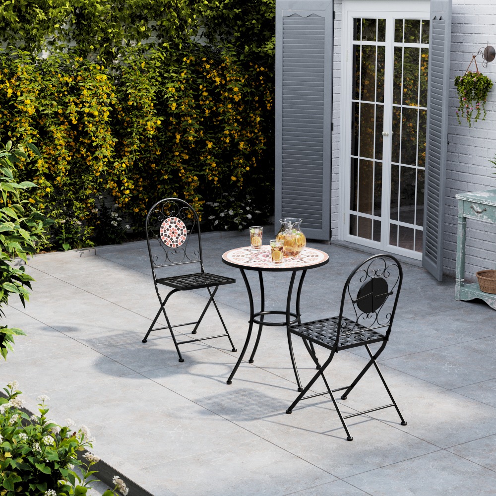 3PCS Mosaic Patterned Table Set with Garden Table and Folding Chairs