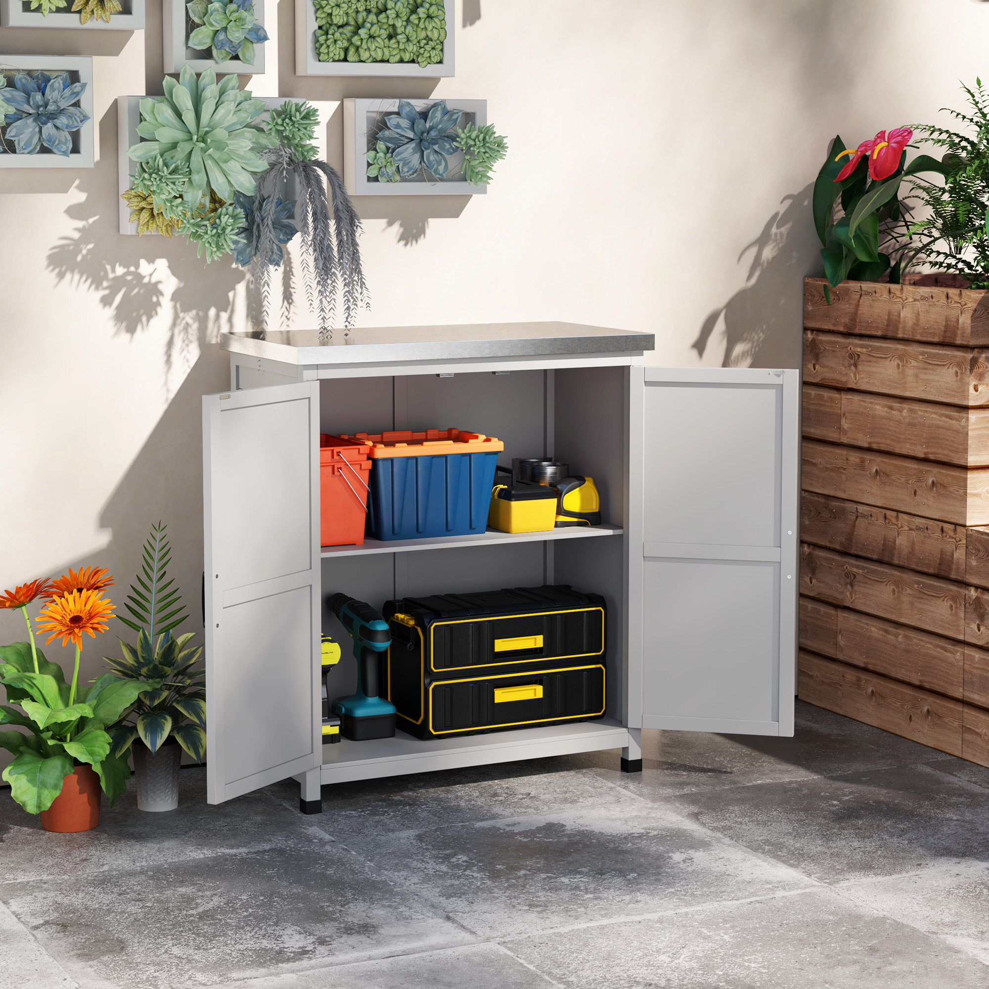 Gartenschrank Holz Outdoor wetterfest Geräteschuppen mit Arbeitsplatte,, Einlegeboden, Geräteschrank…: retailer-supplied image