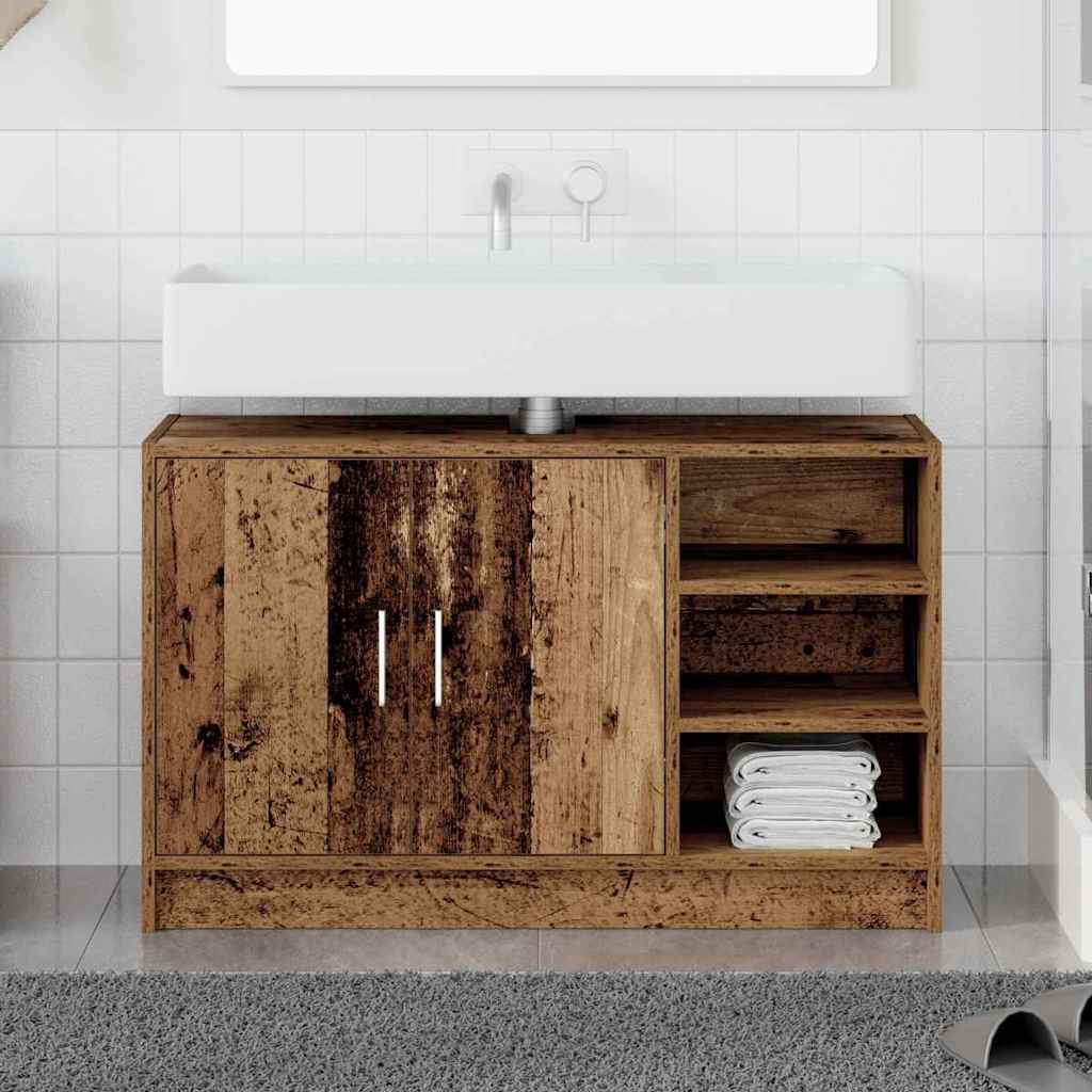 Image of Vidaxl Sink Cabinet Old Wood 90x29x55 Cm Wood Material Rustic Bathroom Storage Solution With Shelves And Doors Furniture Decor Hinged Door Built-in