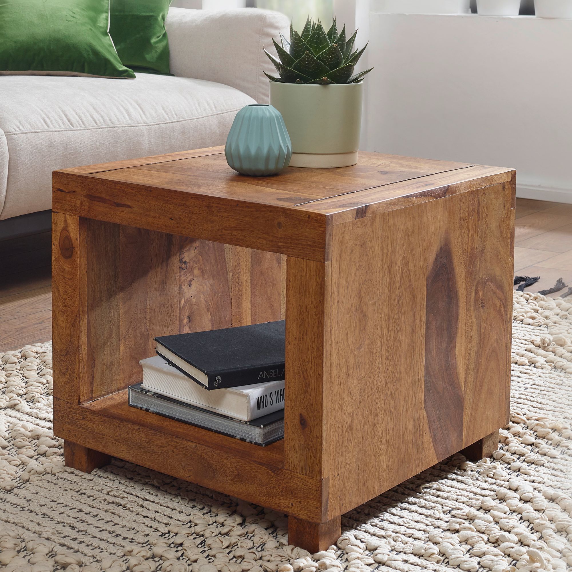 Image of Sheesham Solid Wood Coffee Table 50 X 50 Cm, Living Room Table, Dark Brown Rustic Style Side Table, Natural Product, Genuine Wood, Unique Square Living Room Furniture, Modern Solid Wood Furniture