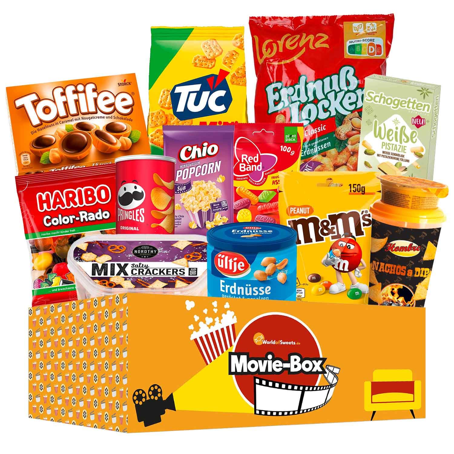 E-shop World of Sweets Movie-Box Snack-Geschenkset, Premium-Markenprodukte, 25 x 40 x 16 cm