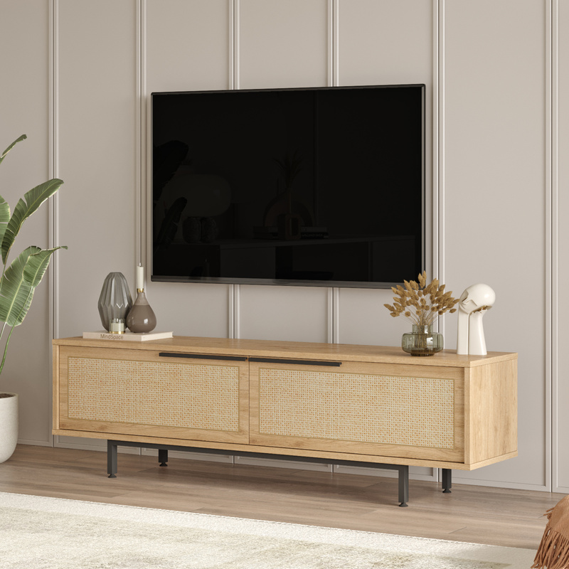 Tv Cabinet Kvænangen With 2 Doors, 160 X 36 X , Oak And Rattan Look