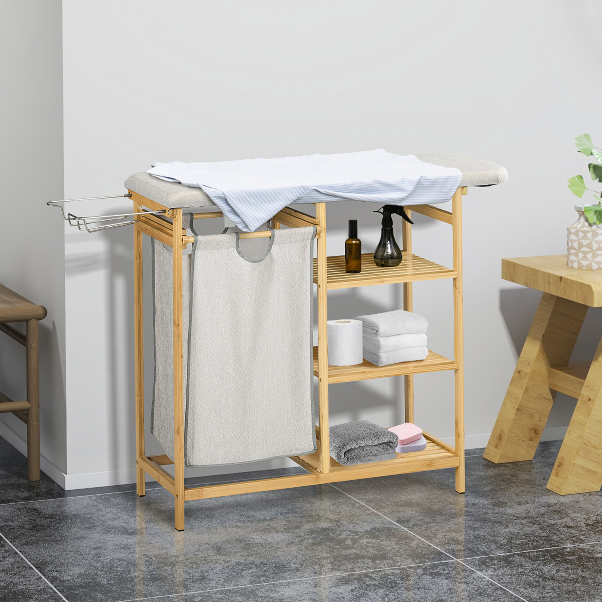Laundry Basket 57.4 L With Ironing Board And Iron, With 3-tier Shelf, Pull-out And Removable Bag, For Bathroom, Bamboo, Natural