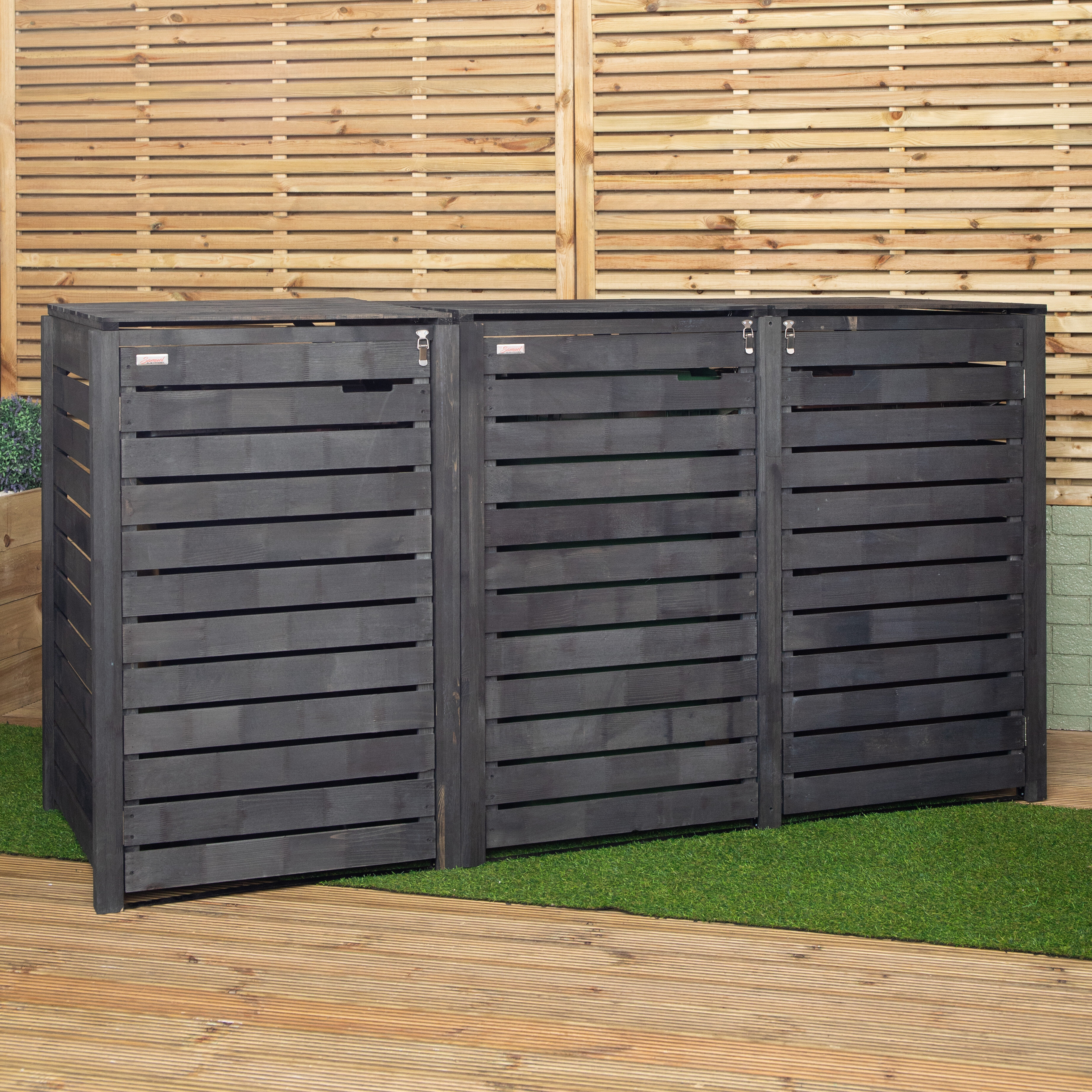 TEMU 2.15m X 1.16m Outdoor Wooden Garden Triple Wheelie Bin Store Storage For 3 Bins In Dark Grey
