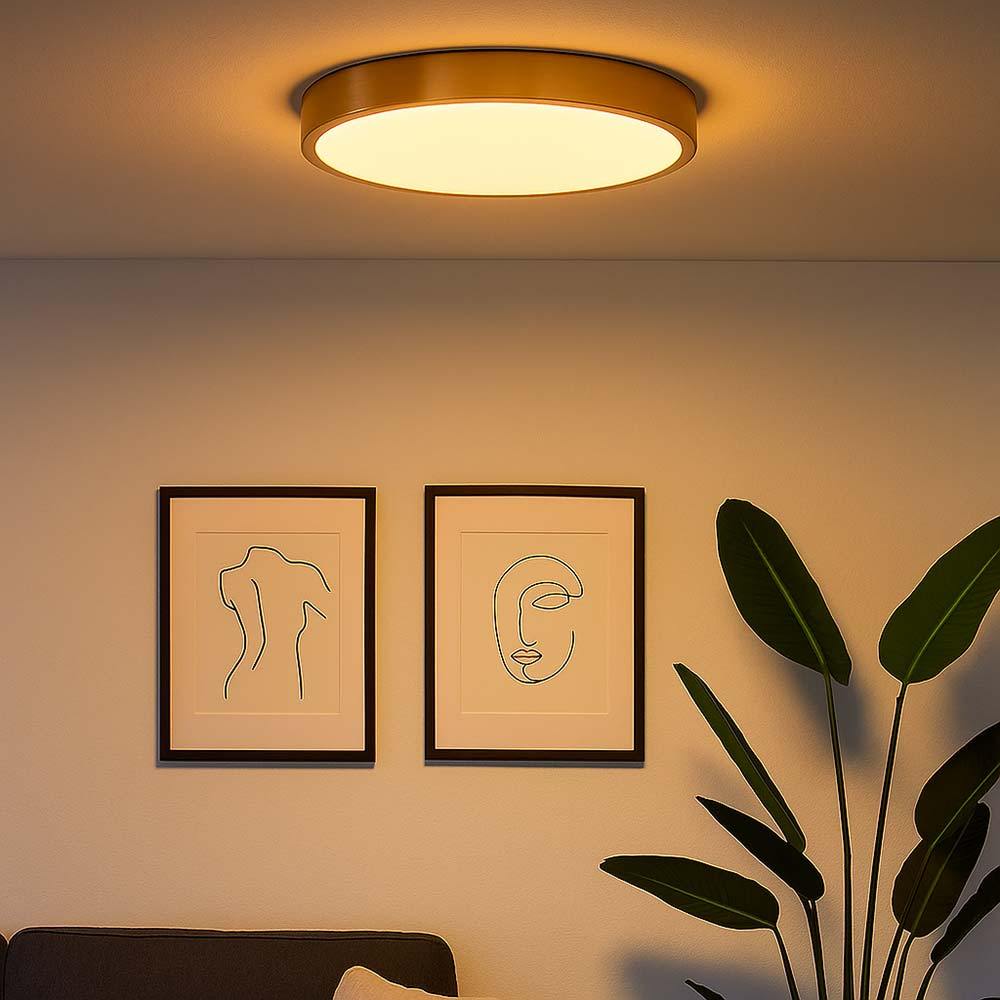Image of Ceiling Light, Living Room Lamp, Bedroom Lamp, Dining Room Light, Round, Brass-colored, Metal Plastic, 1x Led 15w 990lm 3000k Warm White, D 25 Cm