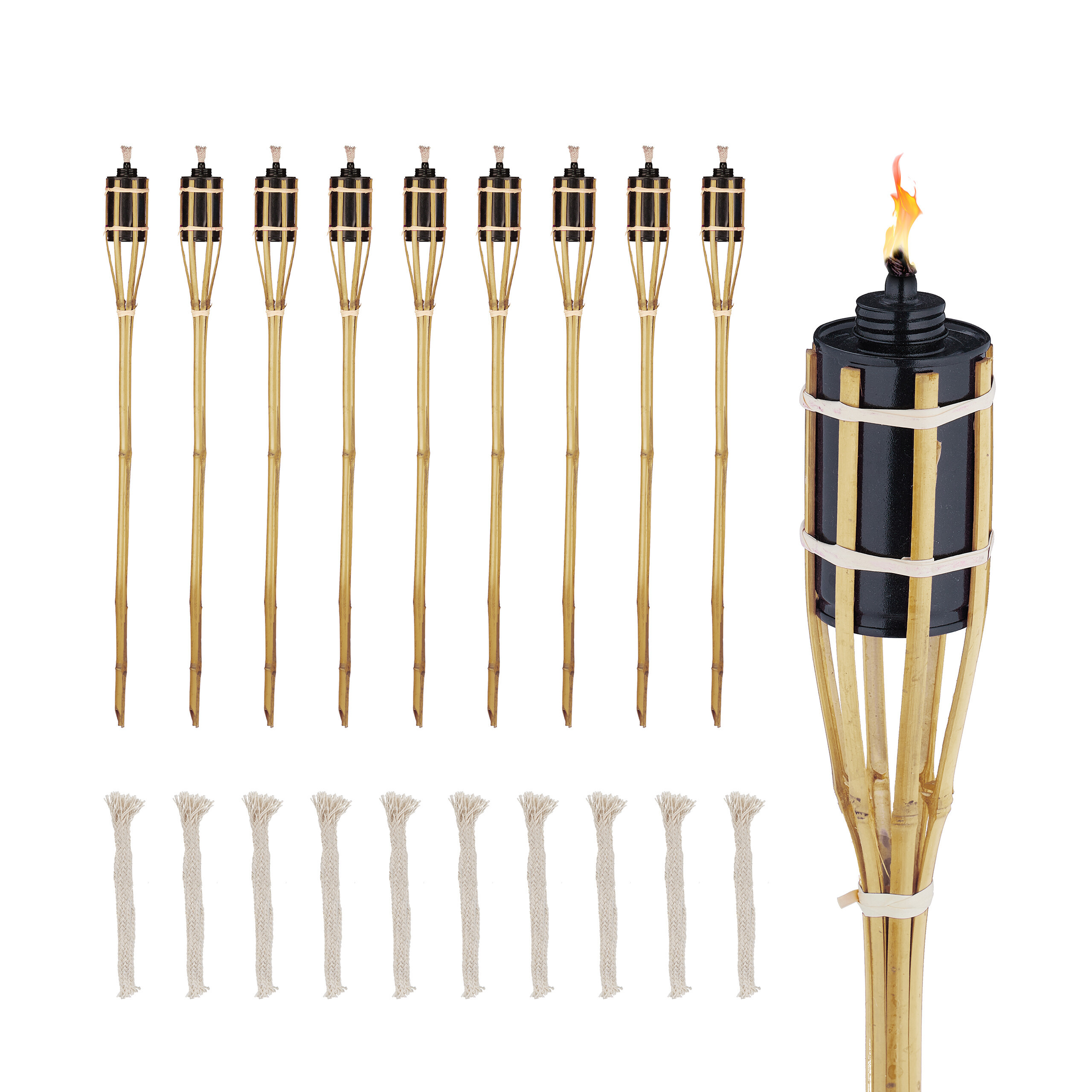 TEMU Bamboo Torches, Set Of 10, 80 Cm Tall, 6 Cm Diameter, 180 Ml Iron Reservoir, Black And Natural, With Replacement Wicks, For Garden, , Weddings,