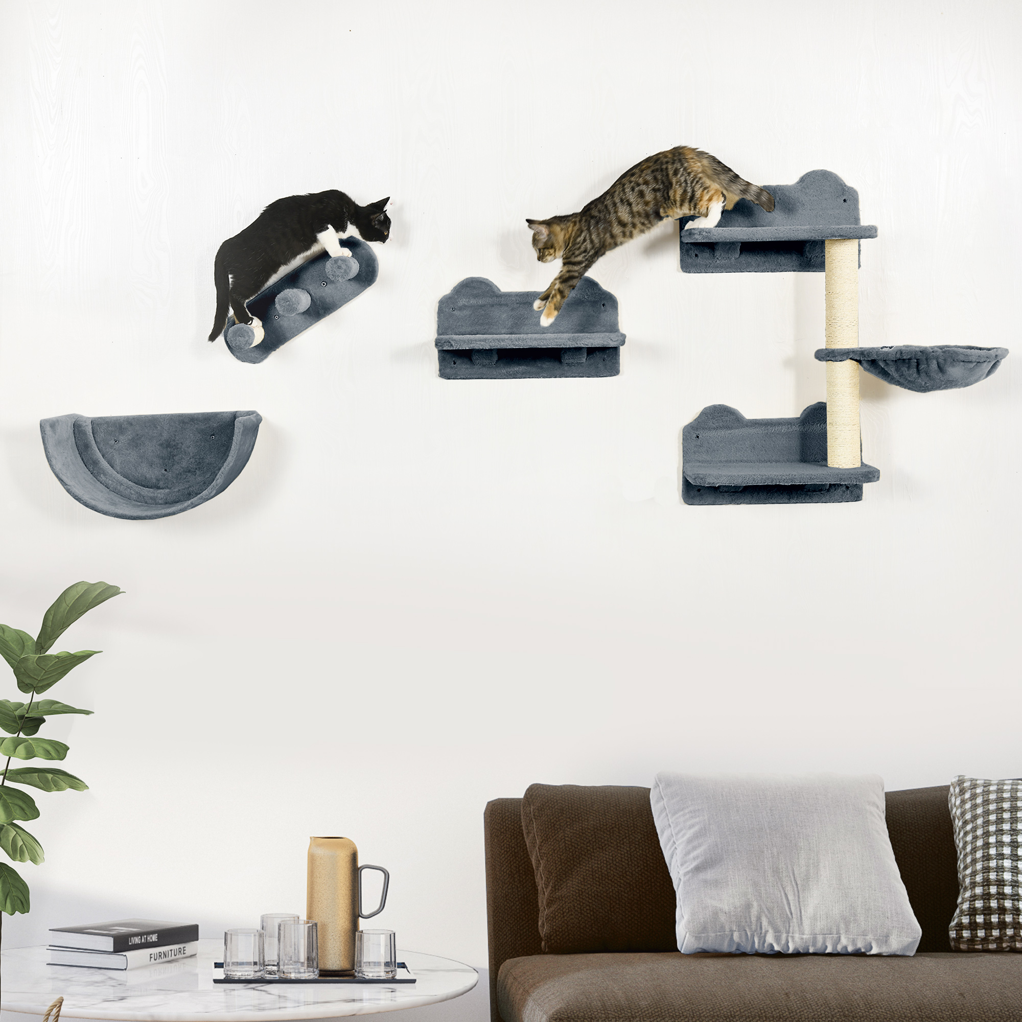 Image of Cat Climbing Wall 4pcs. Climbing Cat Scratching Tree With Cat Ladder, Hammock, Jumping Platform, Wall Scratching Tree, Wall Cat Furniture For Cats Up To 5 Kg, Polyester