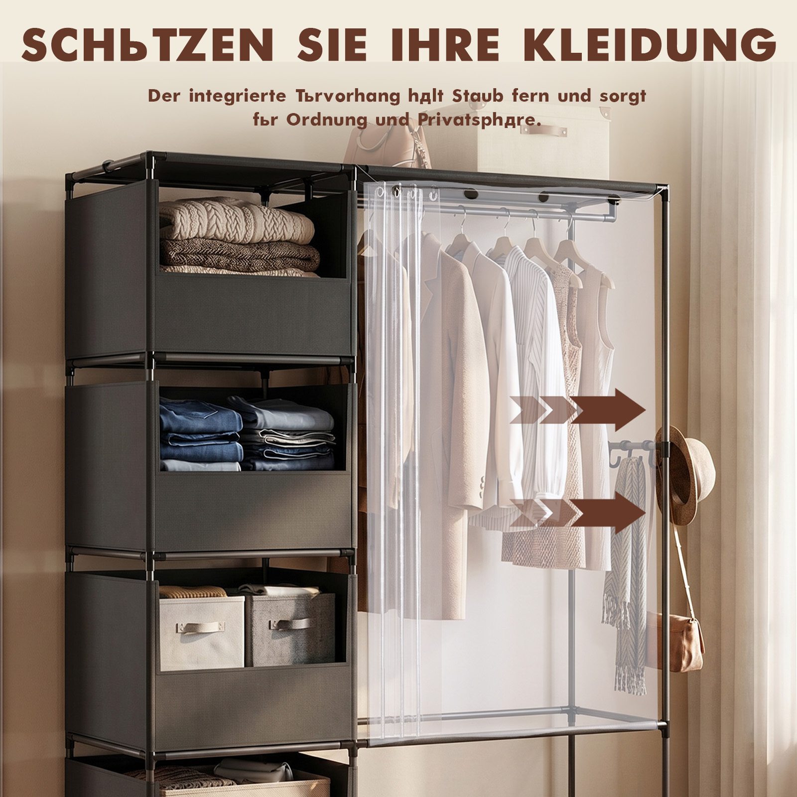 Image of Lingsen Double Row Storage Rack With Curtain Organizer For Quilts, Clothing, Blankets, Books, And Shoes Storage And Organization