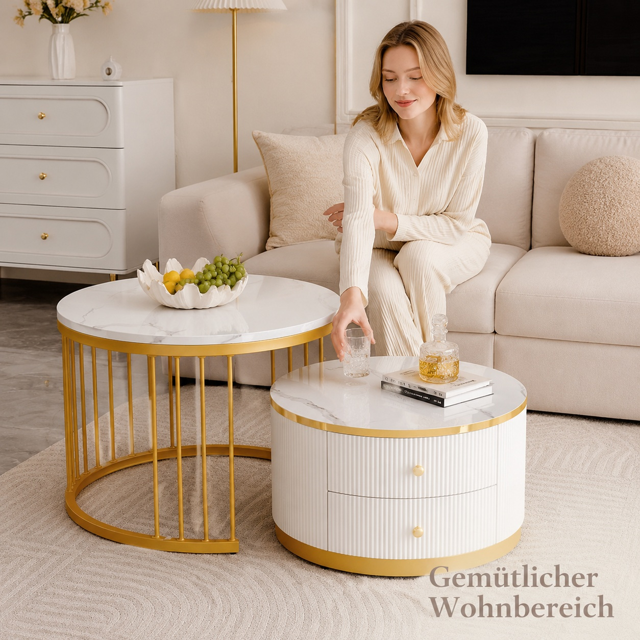 Image of Elegant 2-piece White Nest-style Coffee Table Set, 60*60*45.5cm & 50*50*32cm, Round Tables With High-gloss Marble Finish, 2 Drawers, Supports Up To 30kg, Nesting Coffee Table Combination