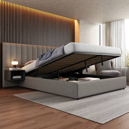 juego de cama tapizado moderno de 180 x 200 cm con 2 mesitas de noche en veta de madera negra, de tela de , diseño de rayas verticales, almacenamiento hidráulico y listones de madera resistentes