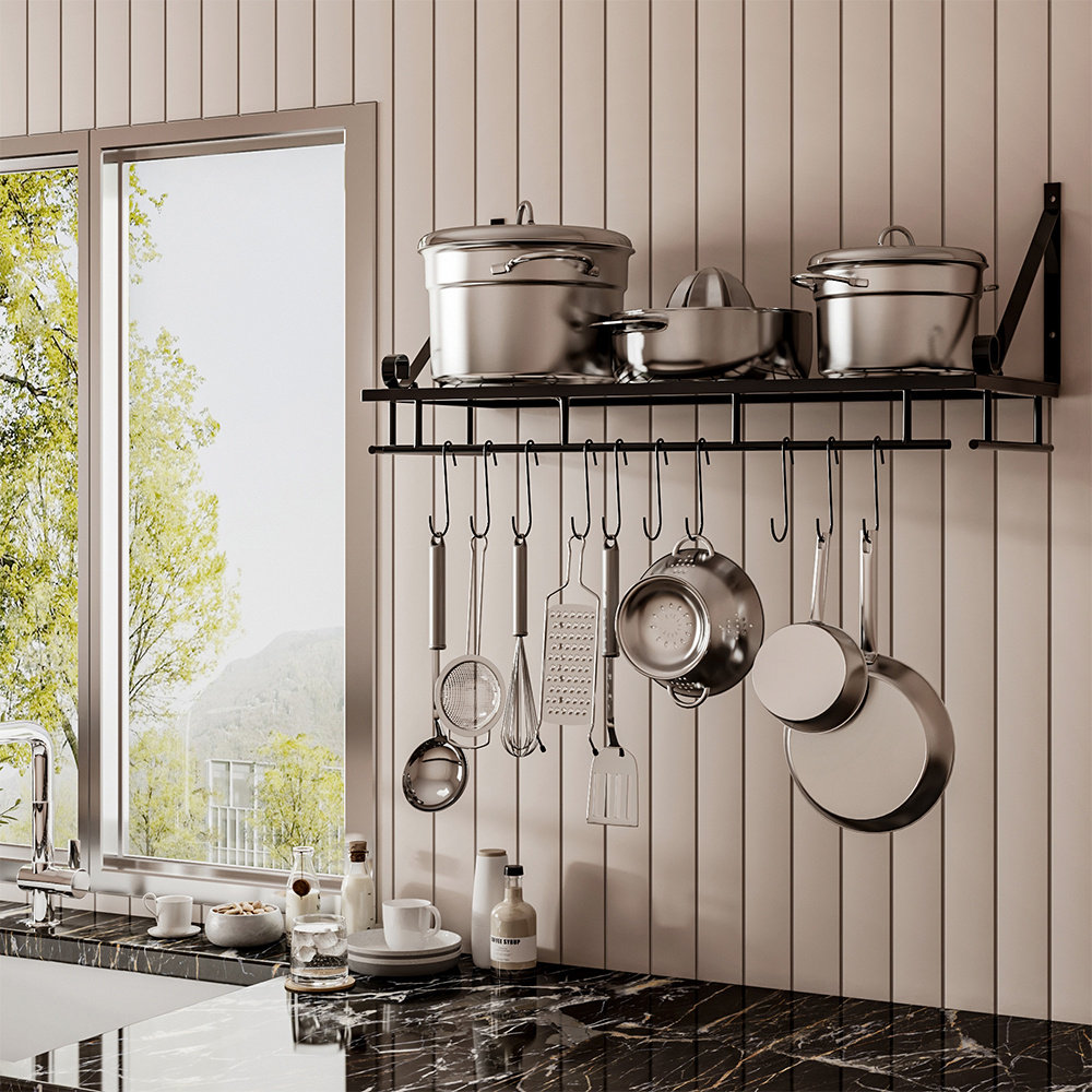 TEMU 1pc, Foldable Cookware Shelf, Black Kitchen Wall Mounted Pot Rack With Hooks, Can Hang Frying Pans, Soup Pots, Flat Bottomed Pans, High-quality