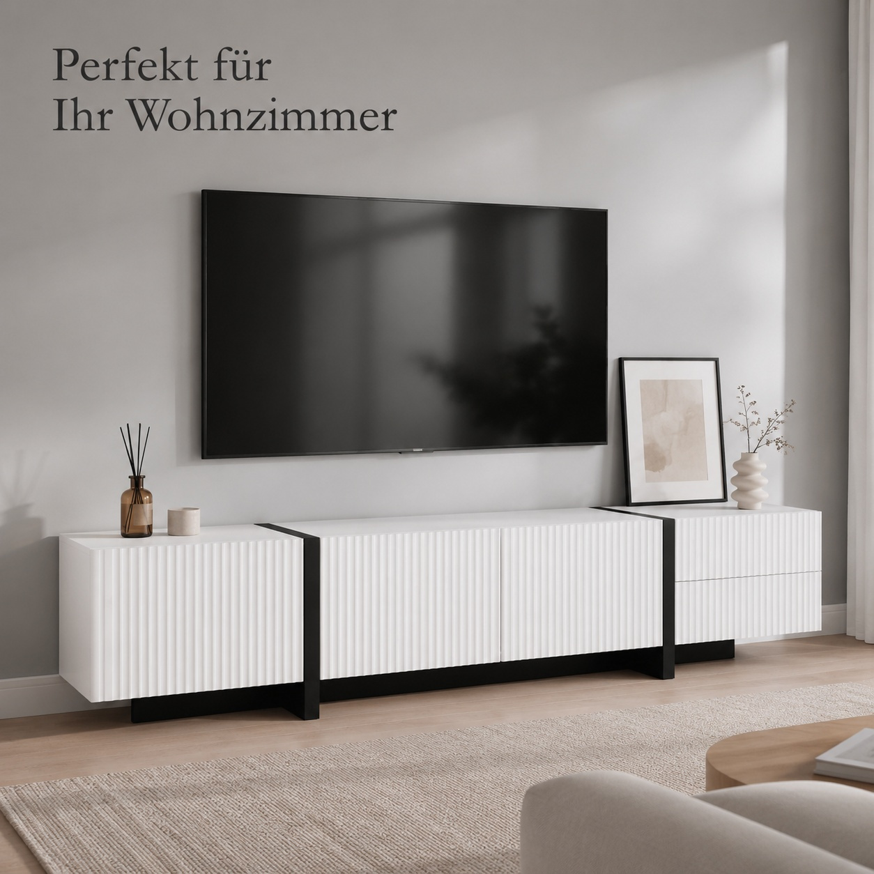 Image of Sturdy Tv Cabinet 190x35x45 Cm, 3-door Sideboard With 2 Drawers, Durable Mdf+pb Material, Elegant Storage Sideboard For Living Room, Easy To Clean & Simple Assembly (white/black)