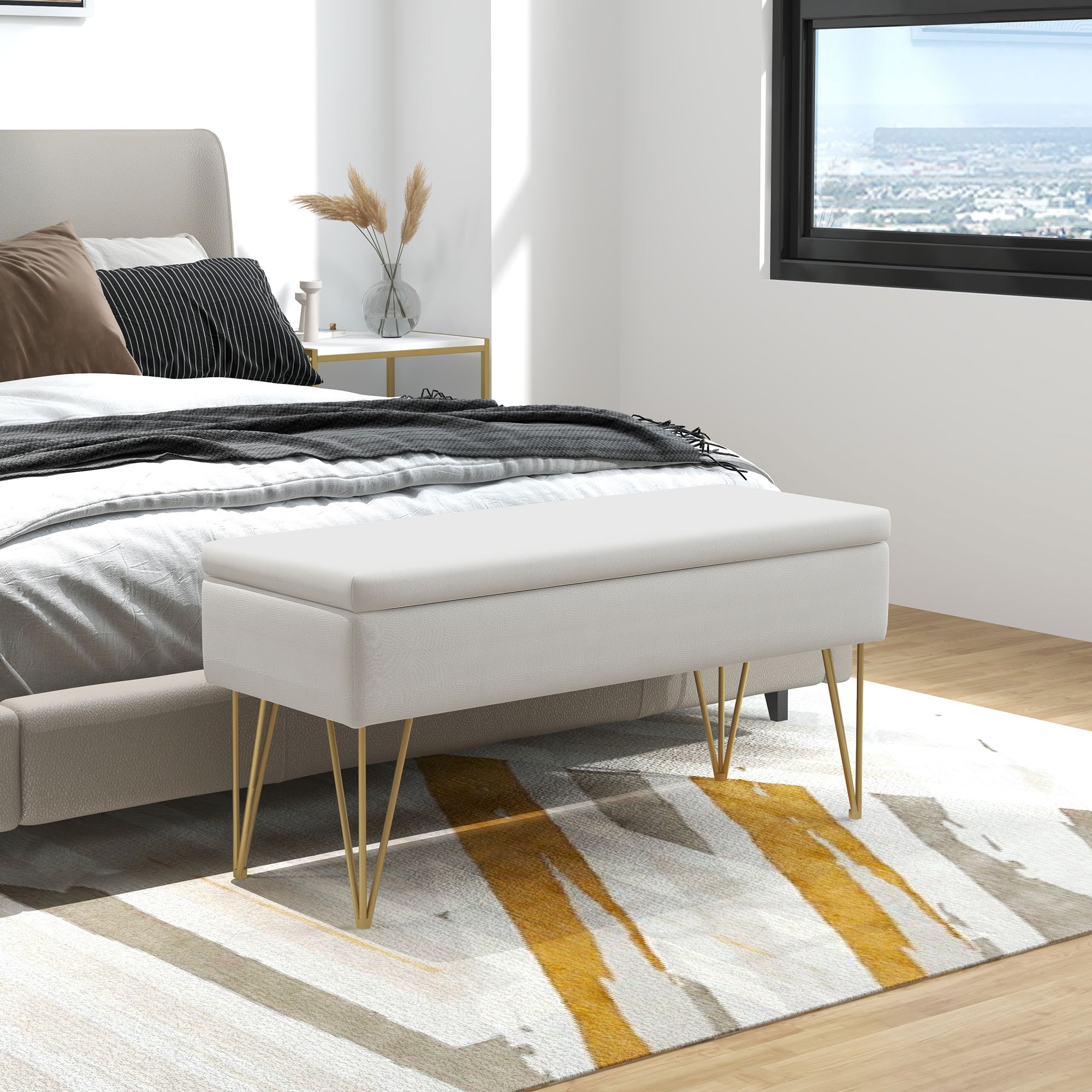 Upholstered Storage Bench With Linen Look, Steel Legs, For Bedroom, Living Room, Hallway, 100 X 40 X 49 Cm, Cream