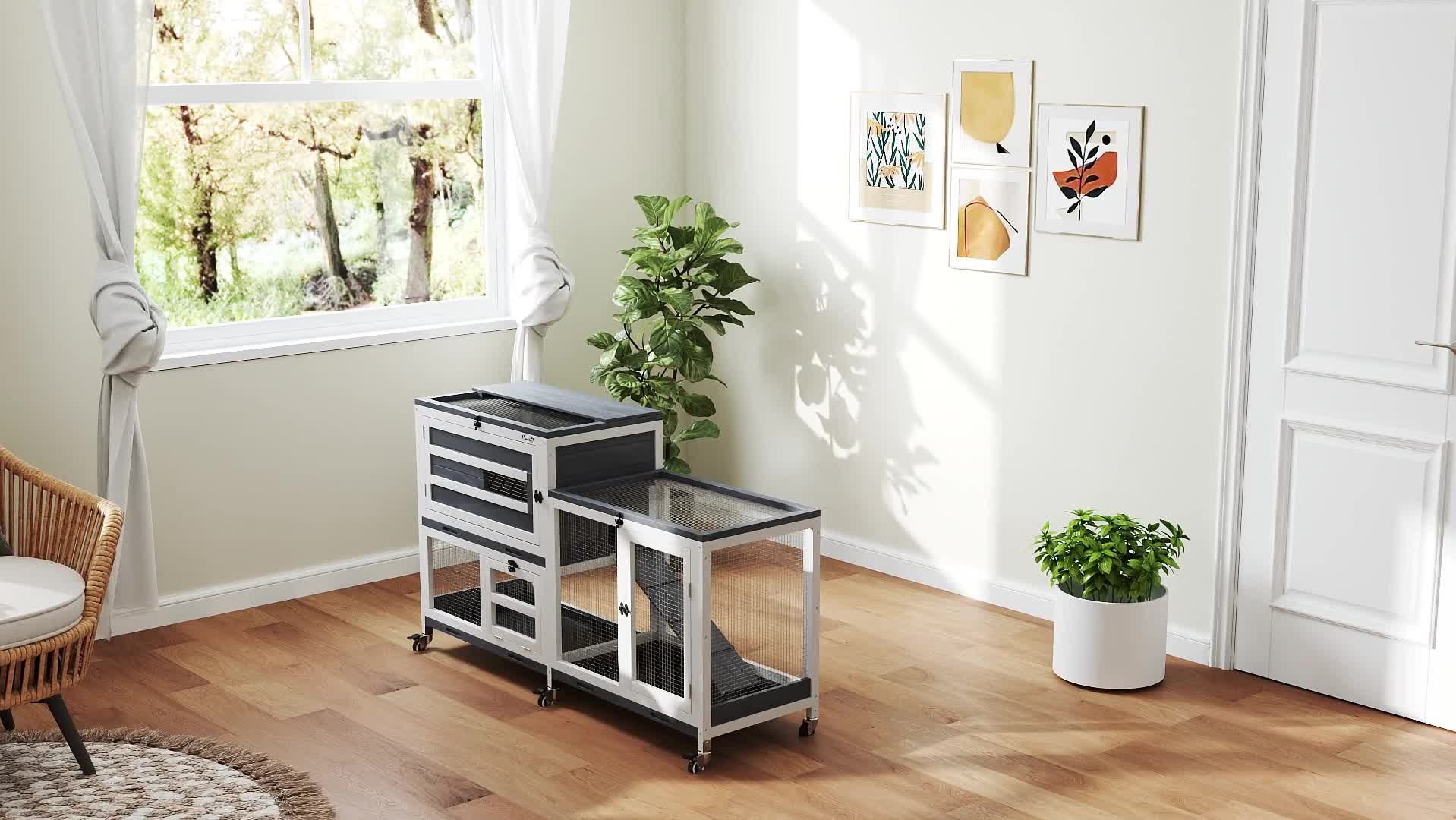 Konijnenhok met 2 verdiepingen, op wielen