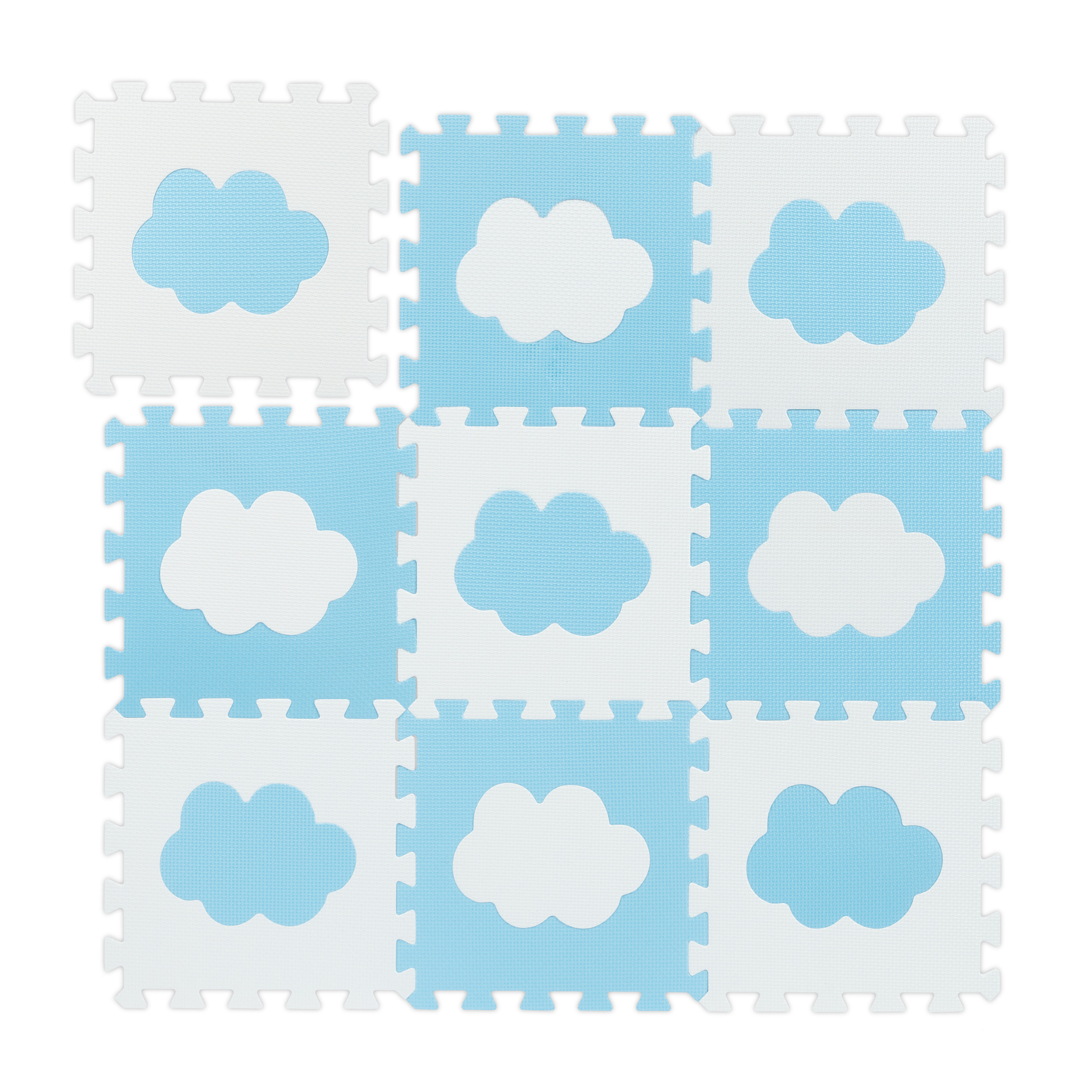 Image of Puzzle Mat With Cloud Design, 9-piece Set, 91.5 X 91.5 Cm, Eva Foam, White-blue, Soft, Water-resistant, With Stand-up Edge Pieces, For Kids' Rooms And Floor Play, Crawling Mat, Play Rug, Relaxdays
