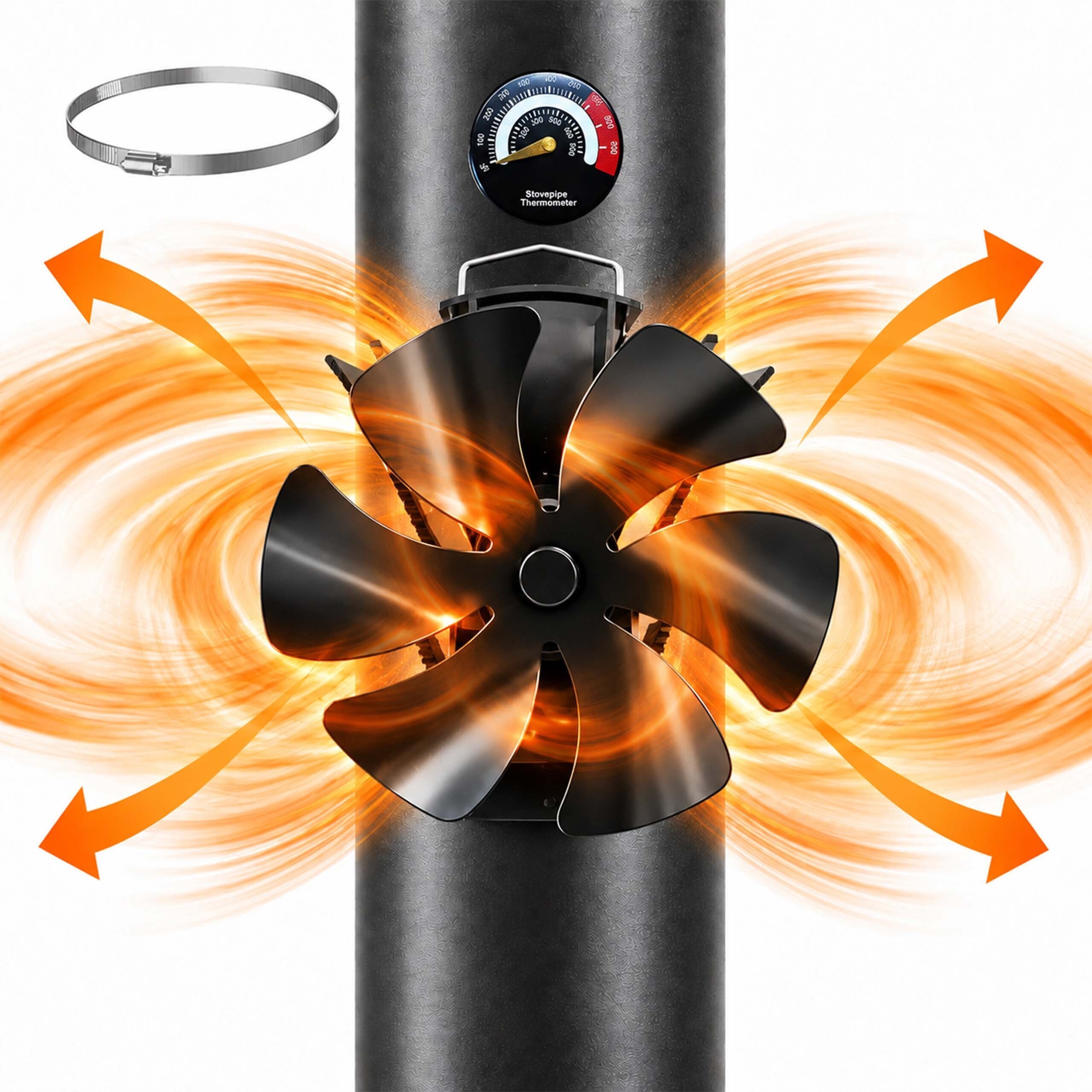 Image of Chimney Ventilator 3-in-1, 21.5 X 17 X 11 Cm, Anodized Aluminum, Black, 6 Rotor , Magnetic, With Thermometer And Hose Clamp, For Chimney, Stove And Flue, Heat Distributor, Fan, Accessory, Relaxdays