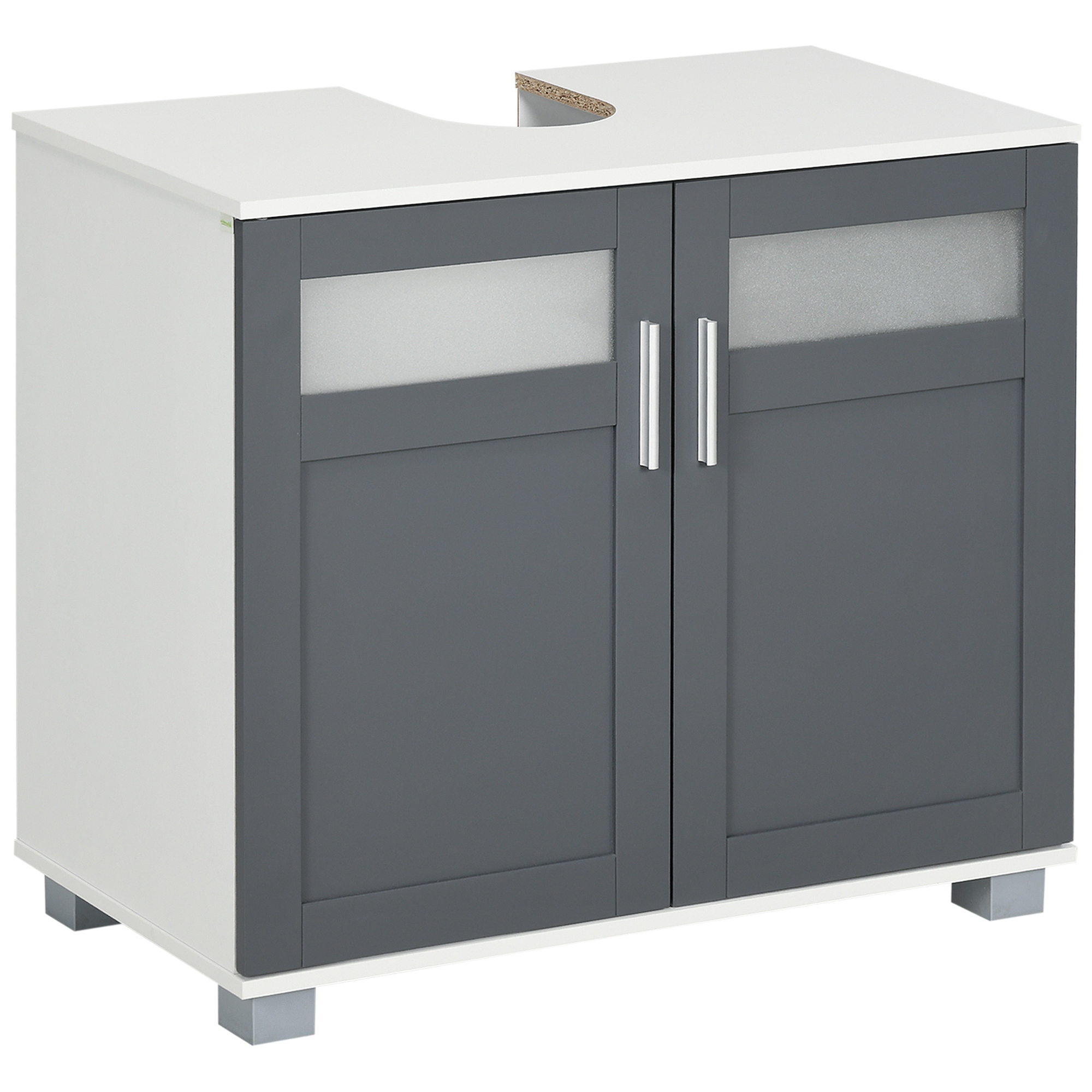 Under-sink Cabinet With 2 Tempered Glass Doors And Adjustable Shelf, 69x35x59 Cm, White And Gray
