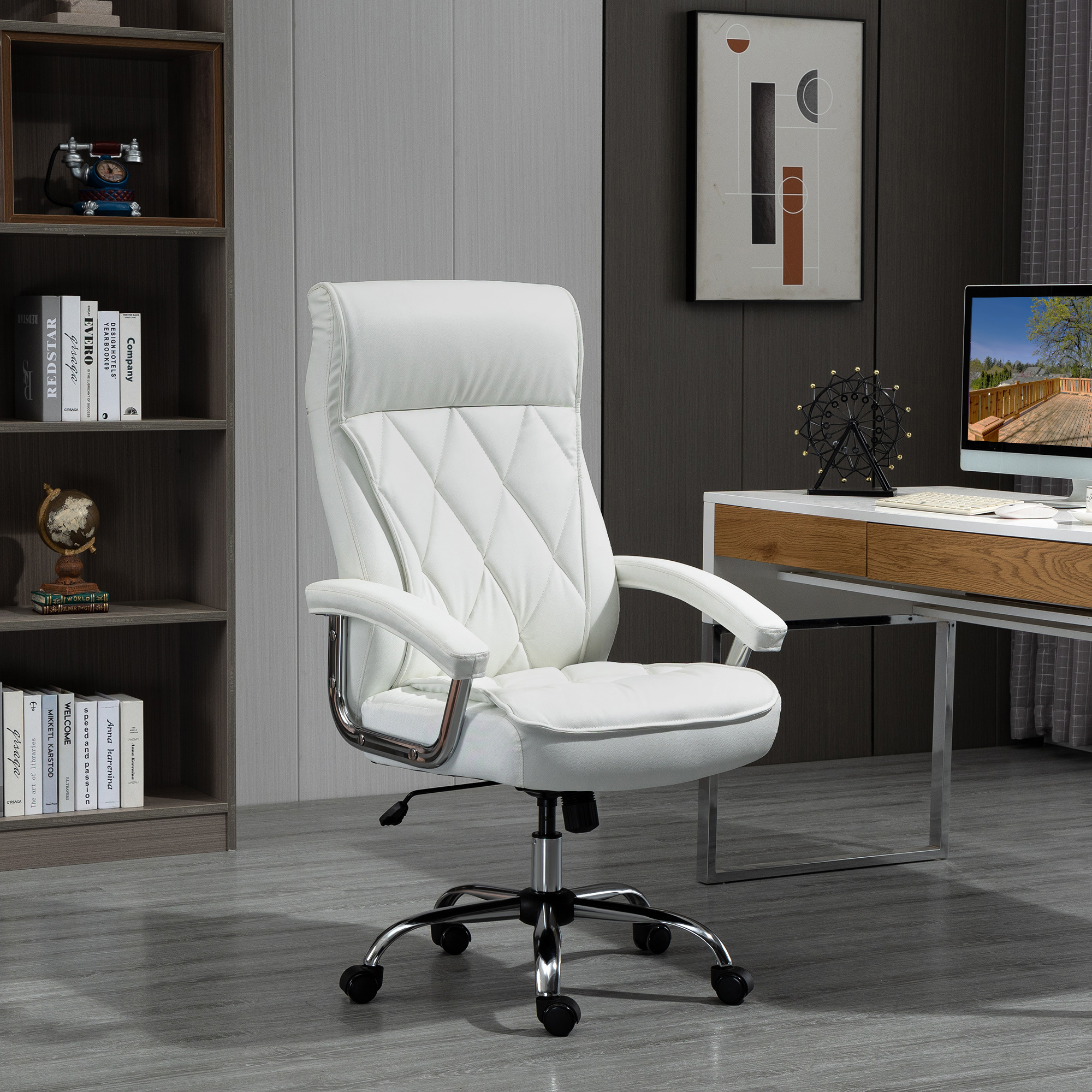 Executive Chair Office Chair Desk Chair Swivel Chair Ergonomic With Rocker Function Height Adjustable Diamond Pattern Modern Elegant Luxurious Leather Metal Foam White 66x69x121 Cm
