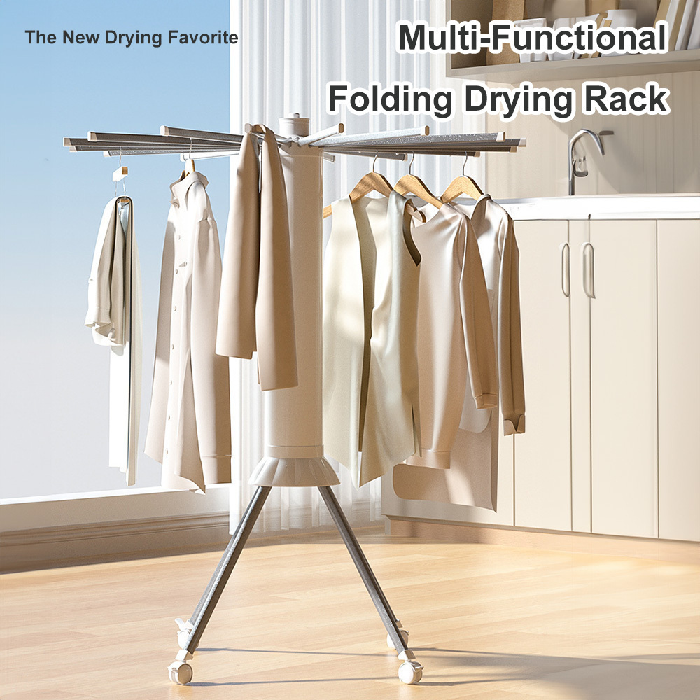 Image of Foldable Octopus Clothes Drying Rack, 4-legged Laundry Airer With 4 Universal Wheels & Anti-slip Holes, 16 Poles 360° Rotatable Garment Shoe Towel Dryer For Indoor Outdoor Use