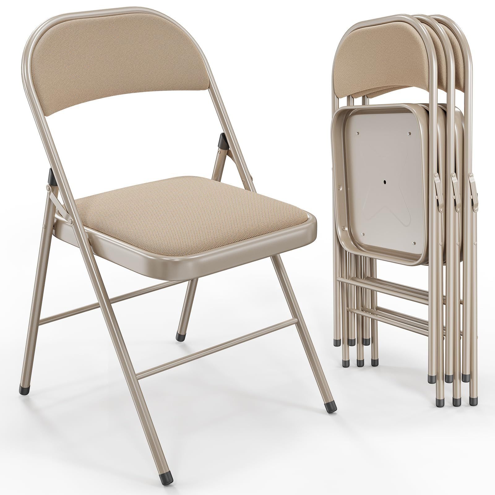 Image of Folding Chair Set Of 4, Steel & Fabric, Padded Folding Chairs, Sturdy Steel Frame, Up To 159 Kg, Foldable Chair For Events, Trade Shows, Office & Home, Khaki